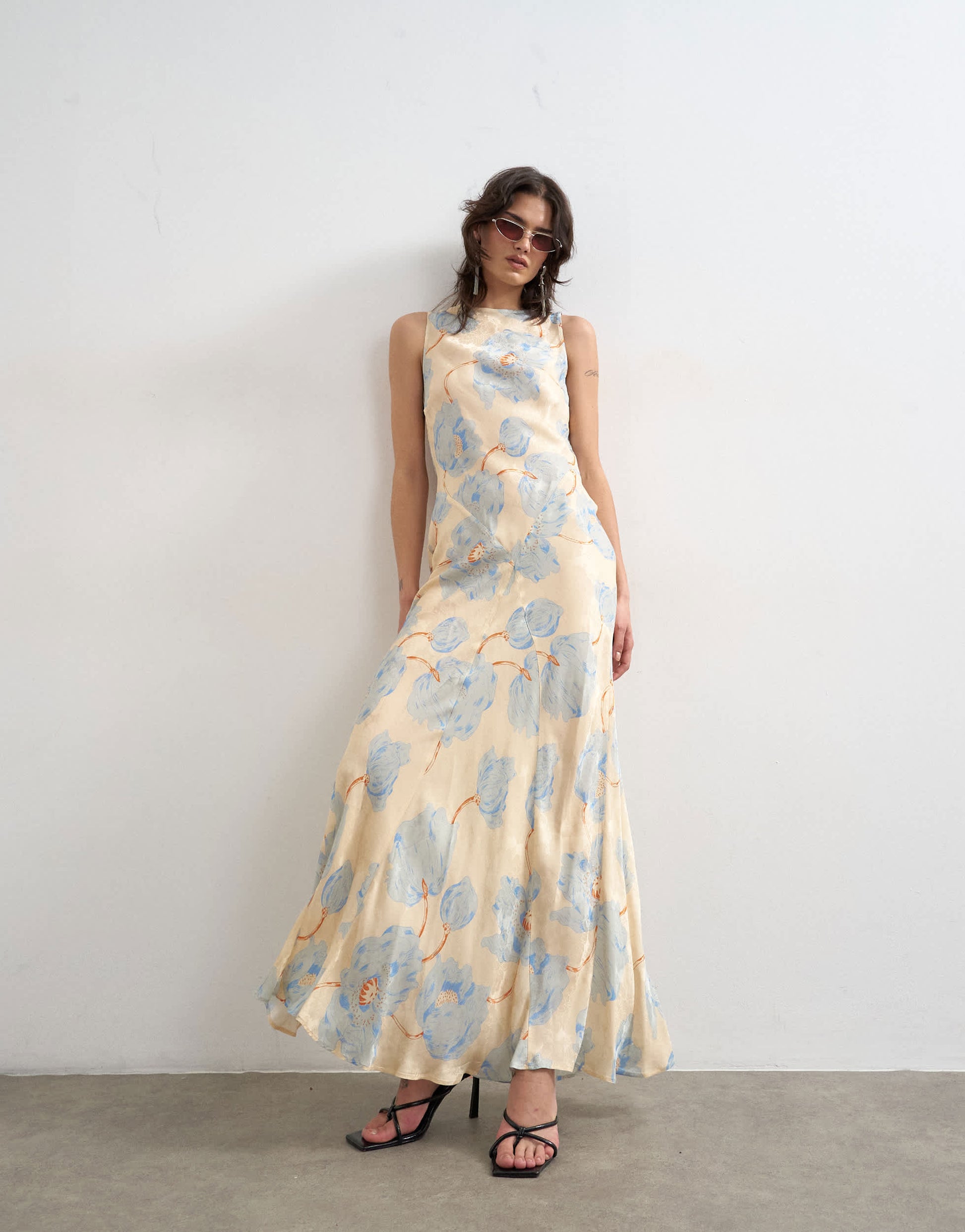 Topshop satin racer neck maxi dress in blue floral jacquard