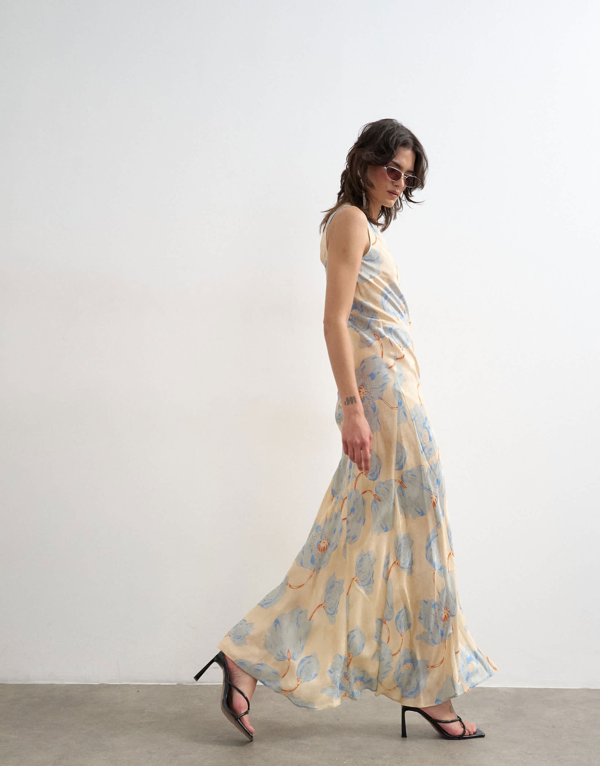Topshop satin racer neck maxi dress in blue floral jacquard