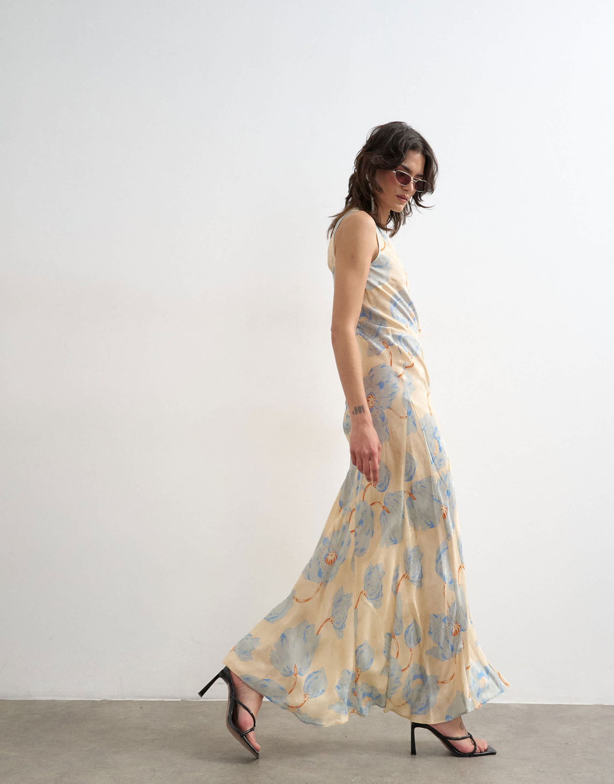 Topshop satin racer neck maxi dress in blue floral jacquard