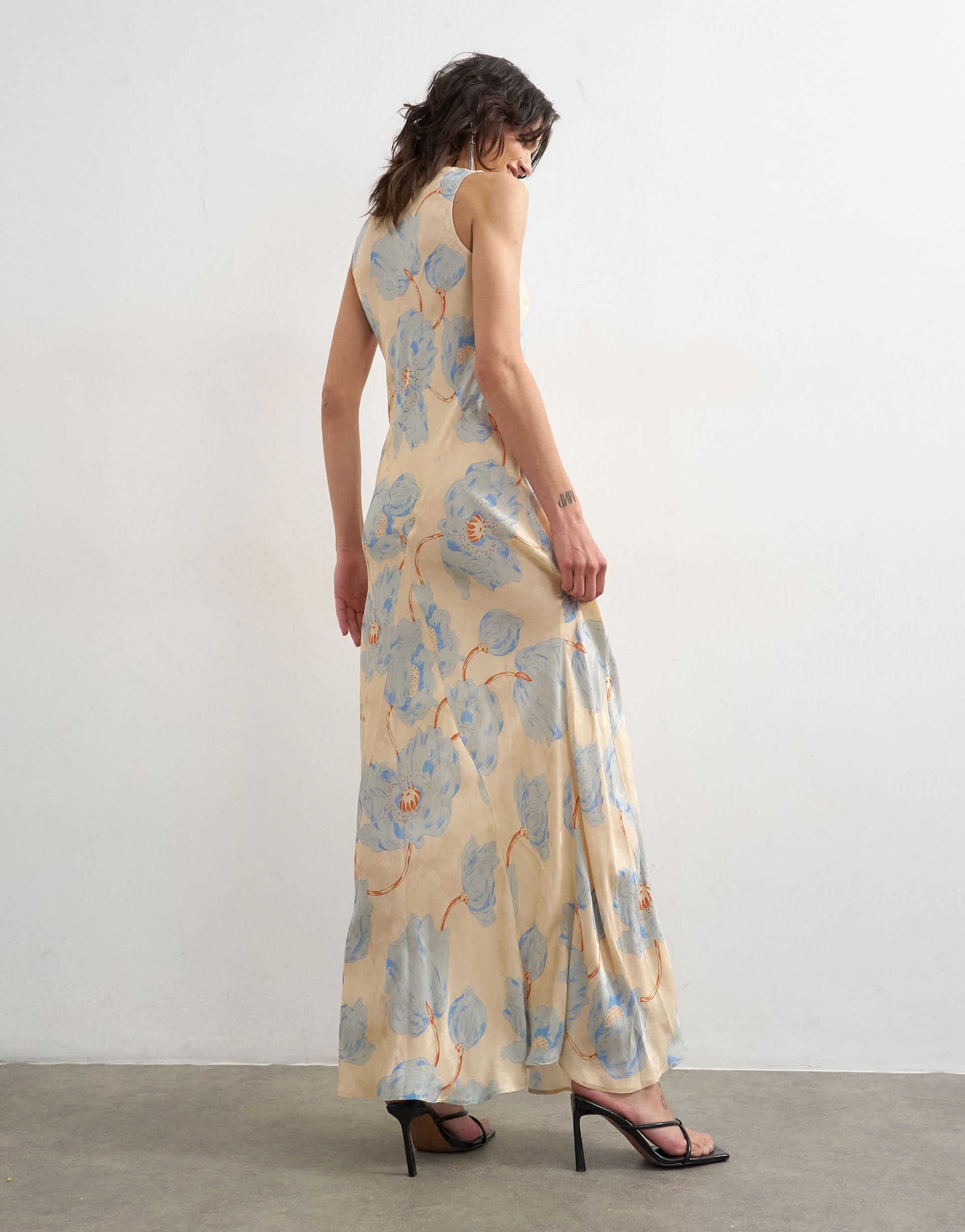 Topshop satin racer neck maxi dress in blue floral jacquard
