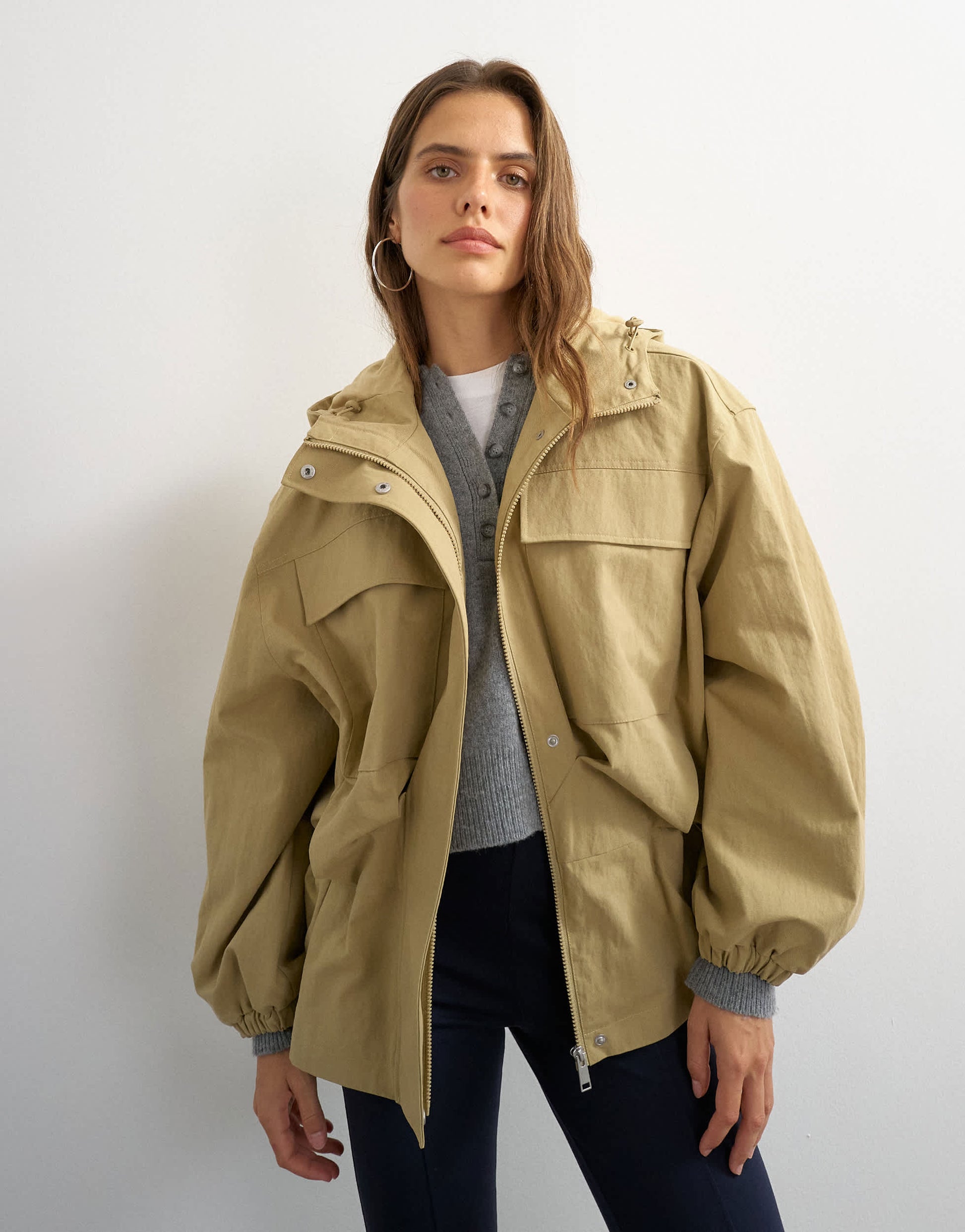 Topshop hooded cinch waist anorak in camel