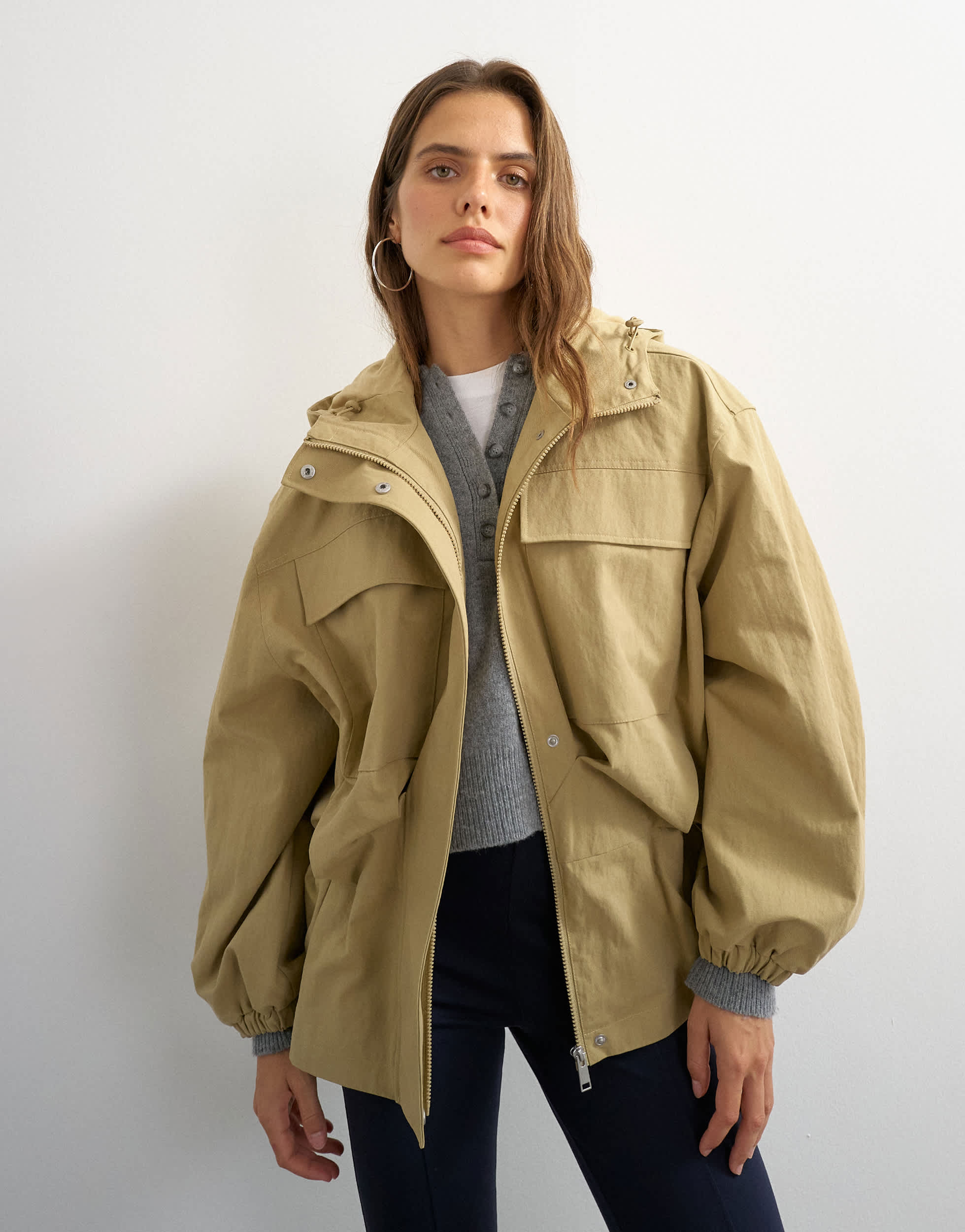 Topshop hooded cinch waist anorak in camel