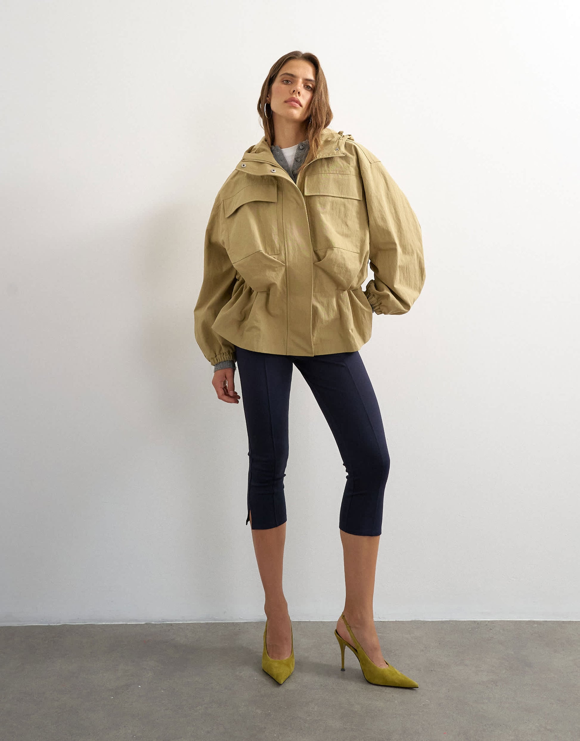 Topshop hooded cinch waist anorak in camel