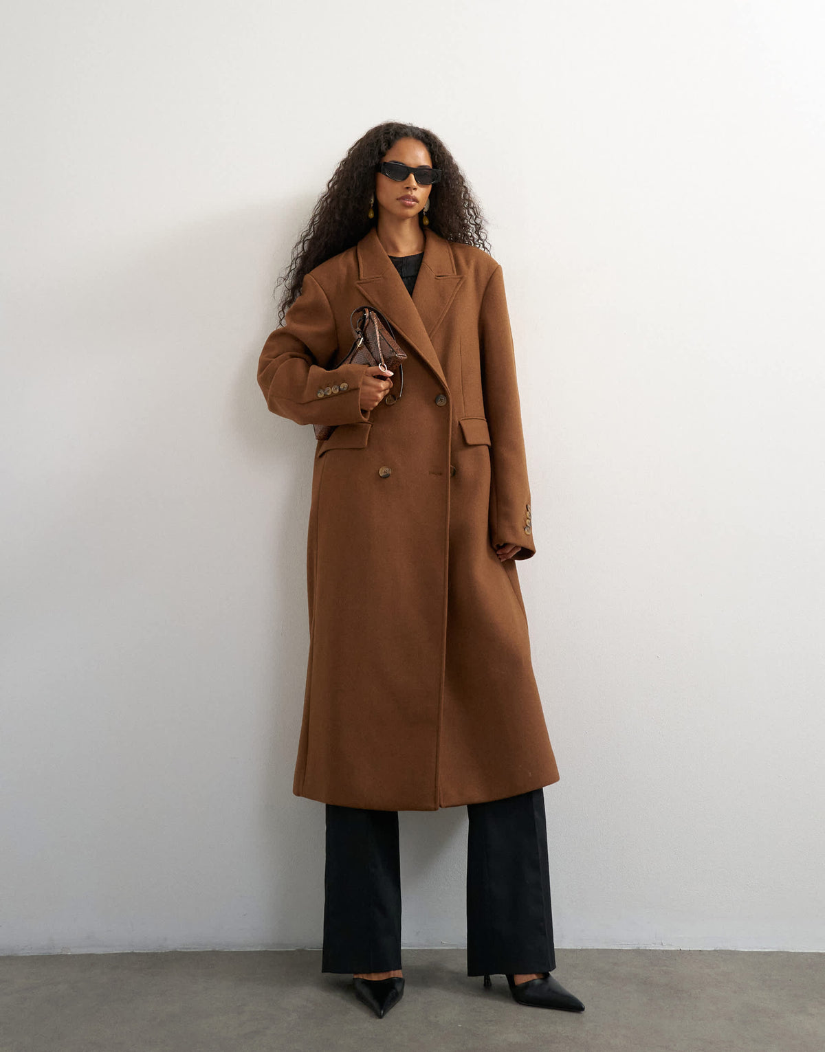 Topshop formal double breasted longline coat in toffee