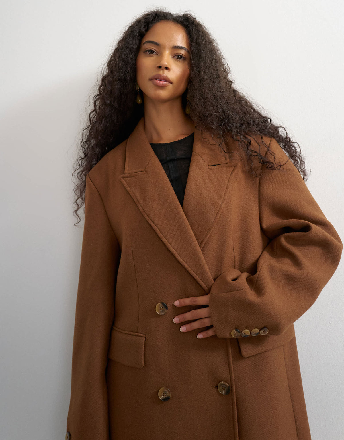 Topshop formal double breasted longline coat in toffee