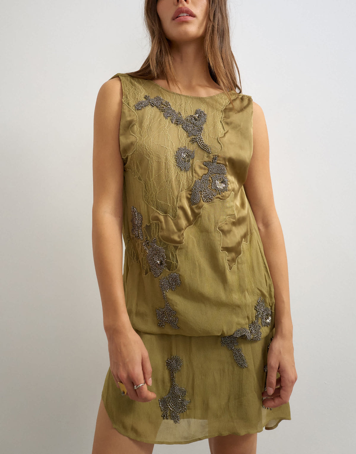 Topshop open back lace applique embellished mini dress in green
