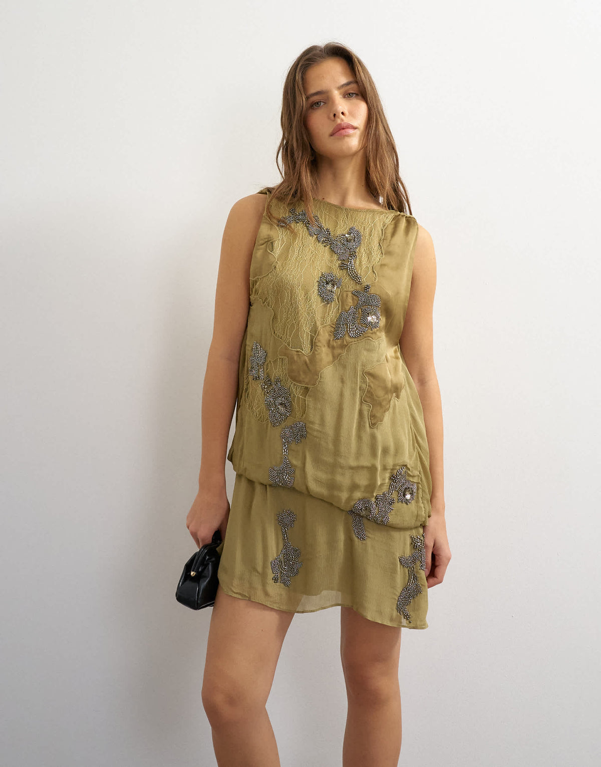 Topshop open back lace applique embellished mini dress in green