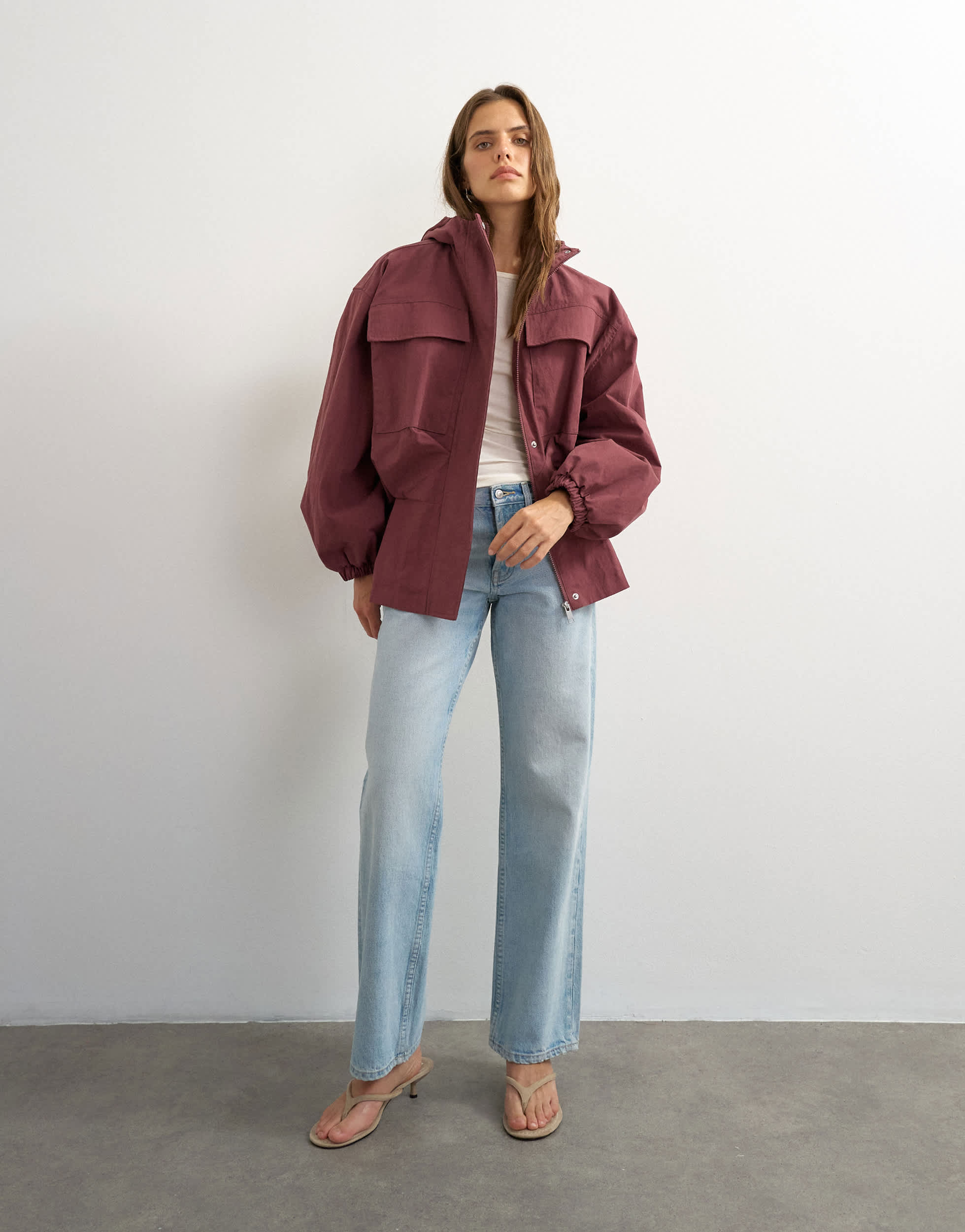 Topshop hooded cinch waist anorak in blackberry