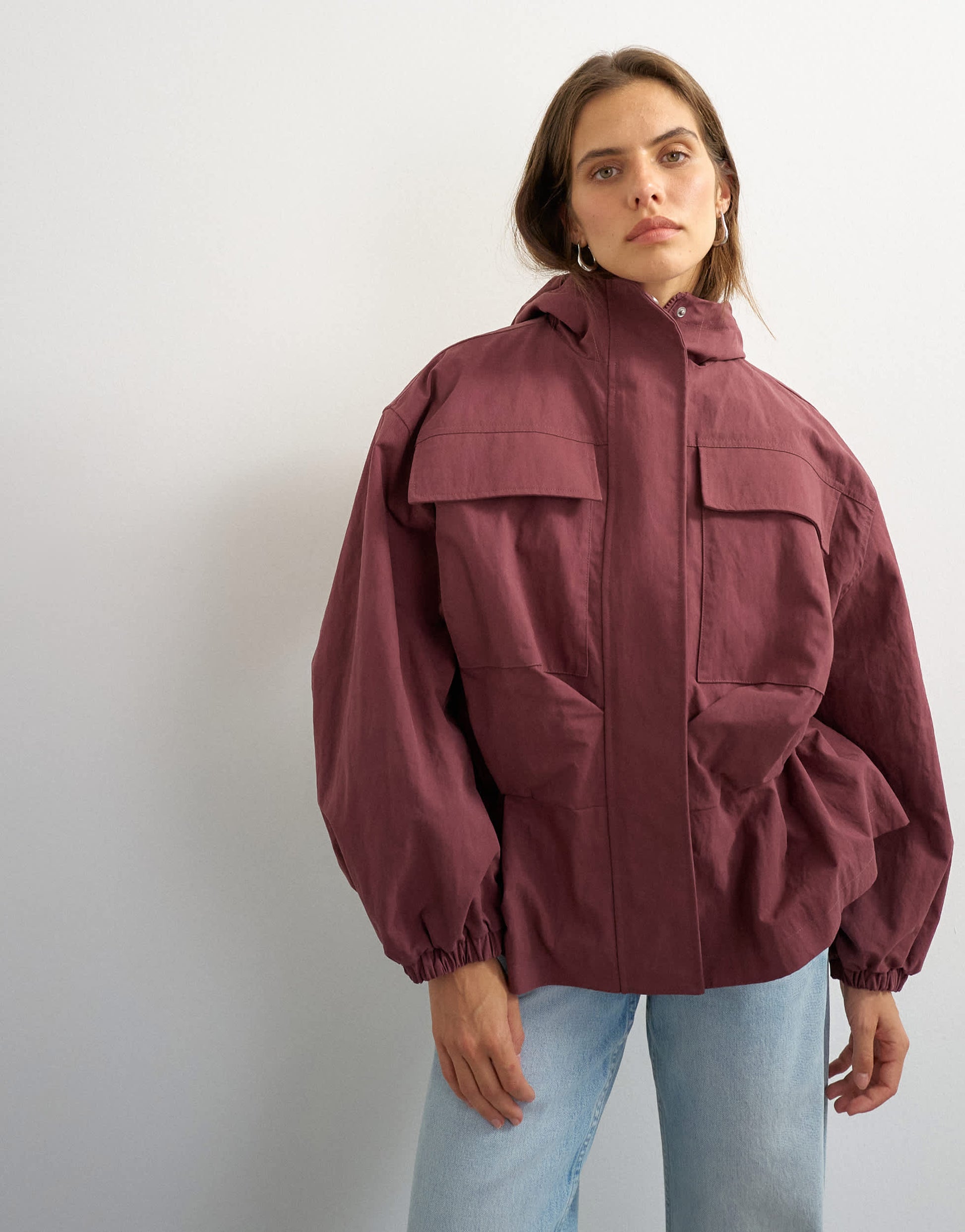 Topshop hooded cinch waist anorak in blackberry