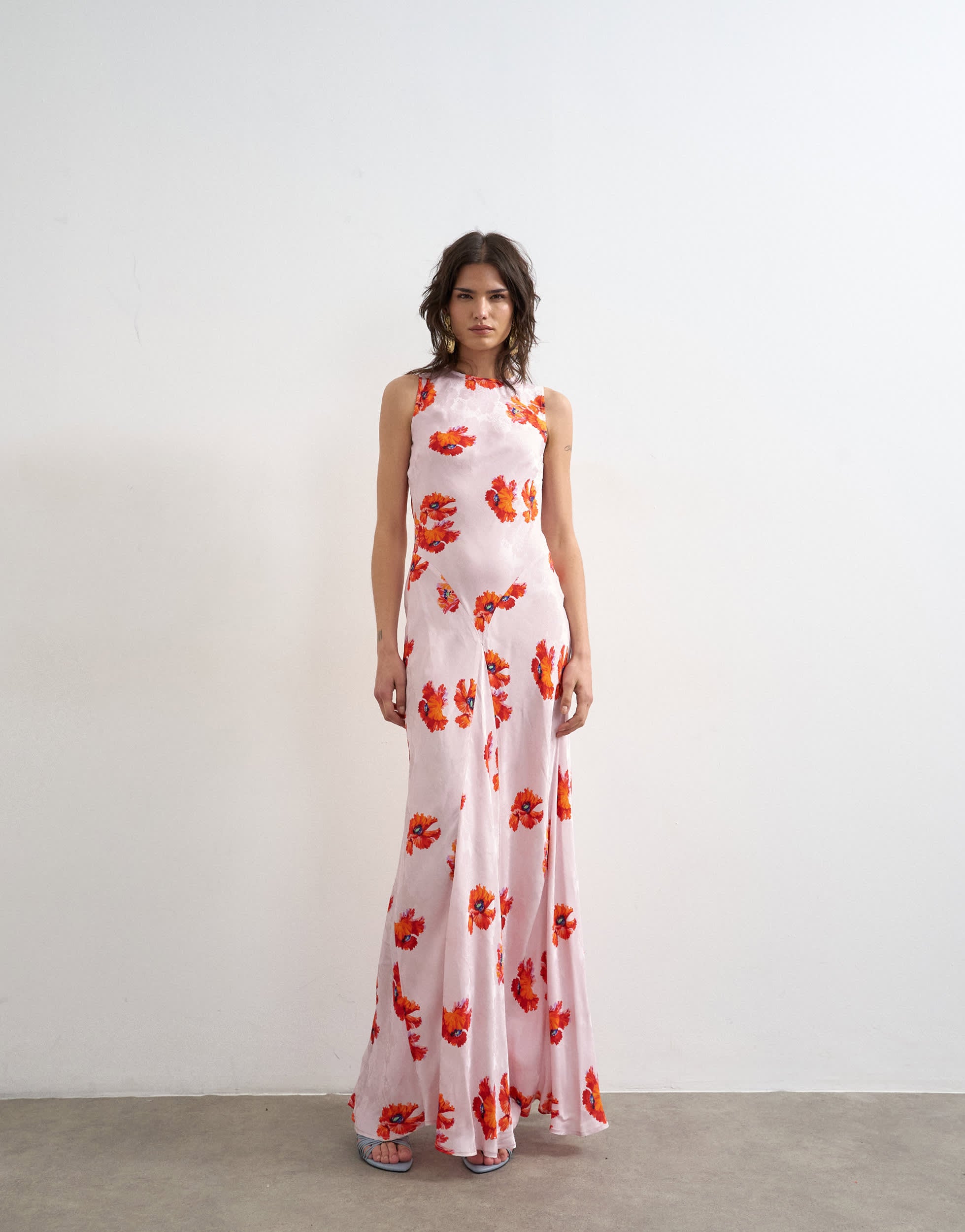 Topshop satin racer neck maxi dress in pink floral jacquard