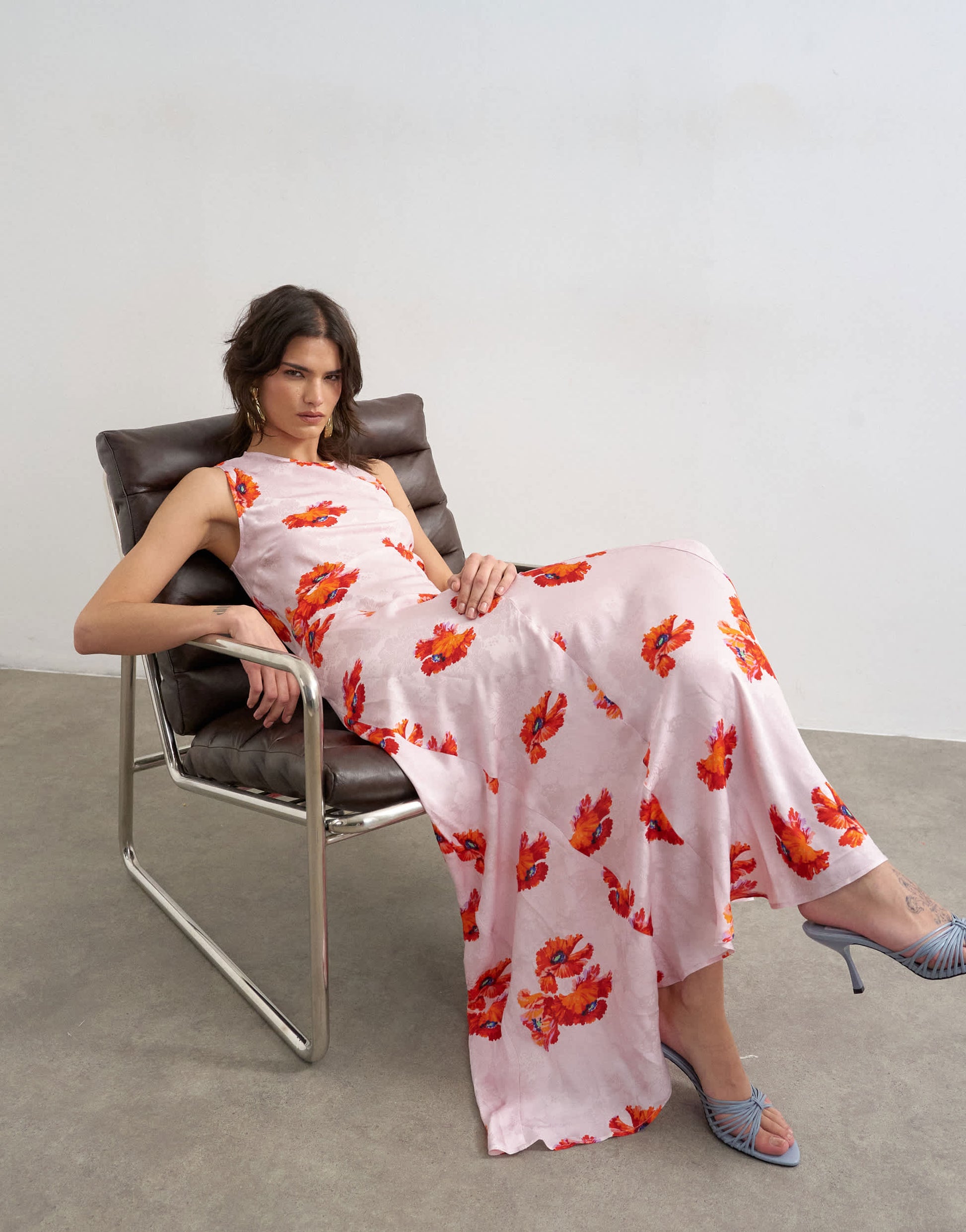 Topshop satin racer neck maxi dress in pink floral jacquard