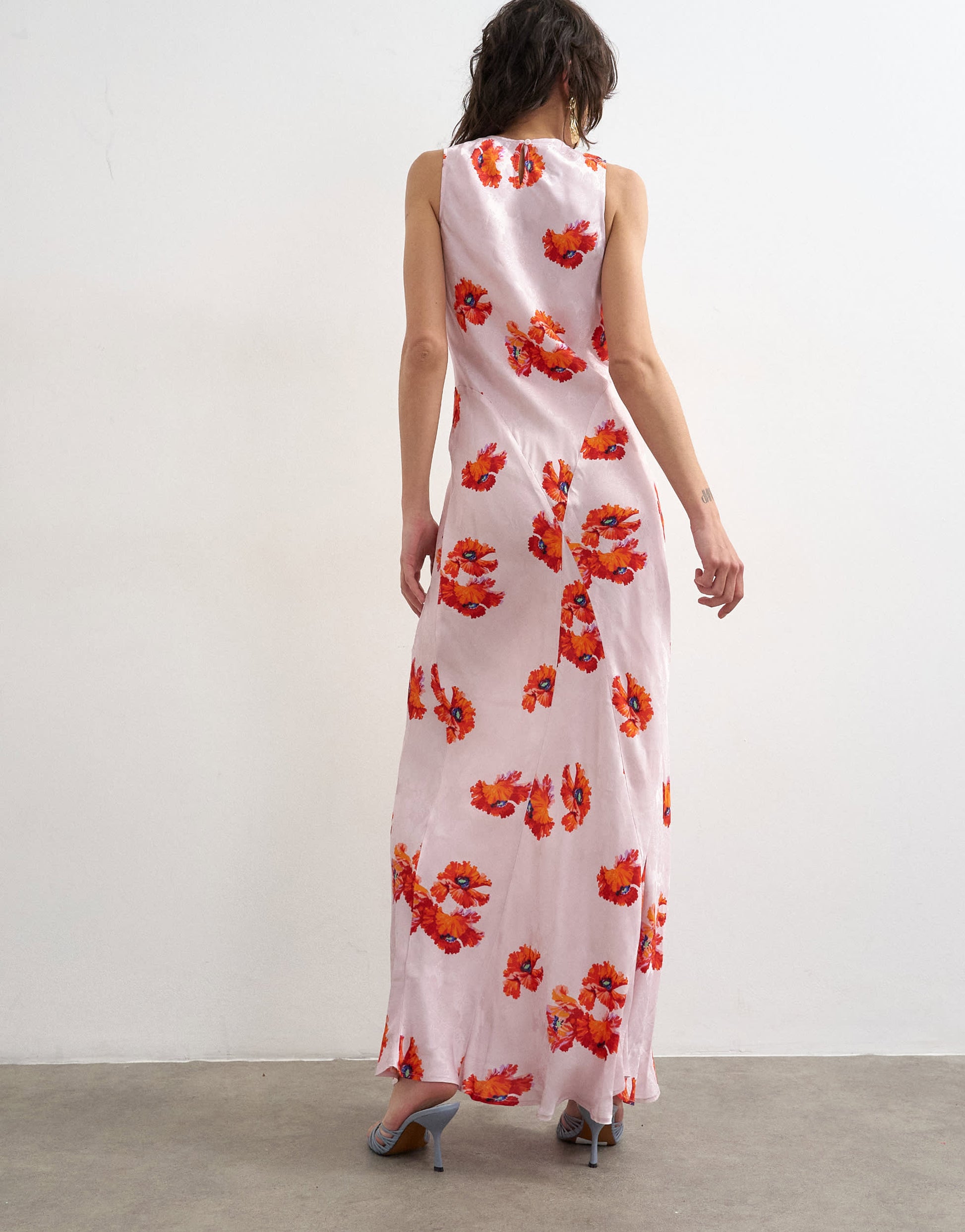 Topshop satin racer neck maxi dress in pink floral jacquard