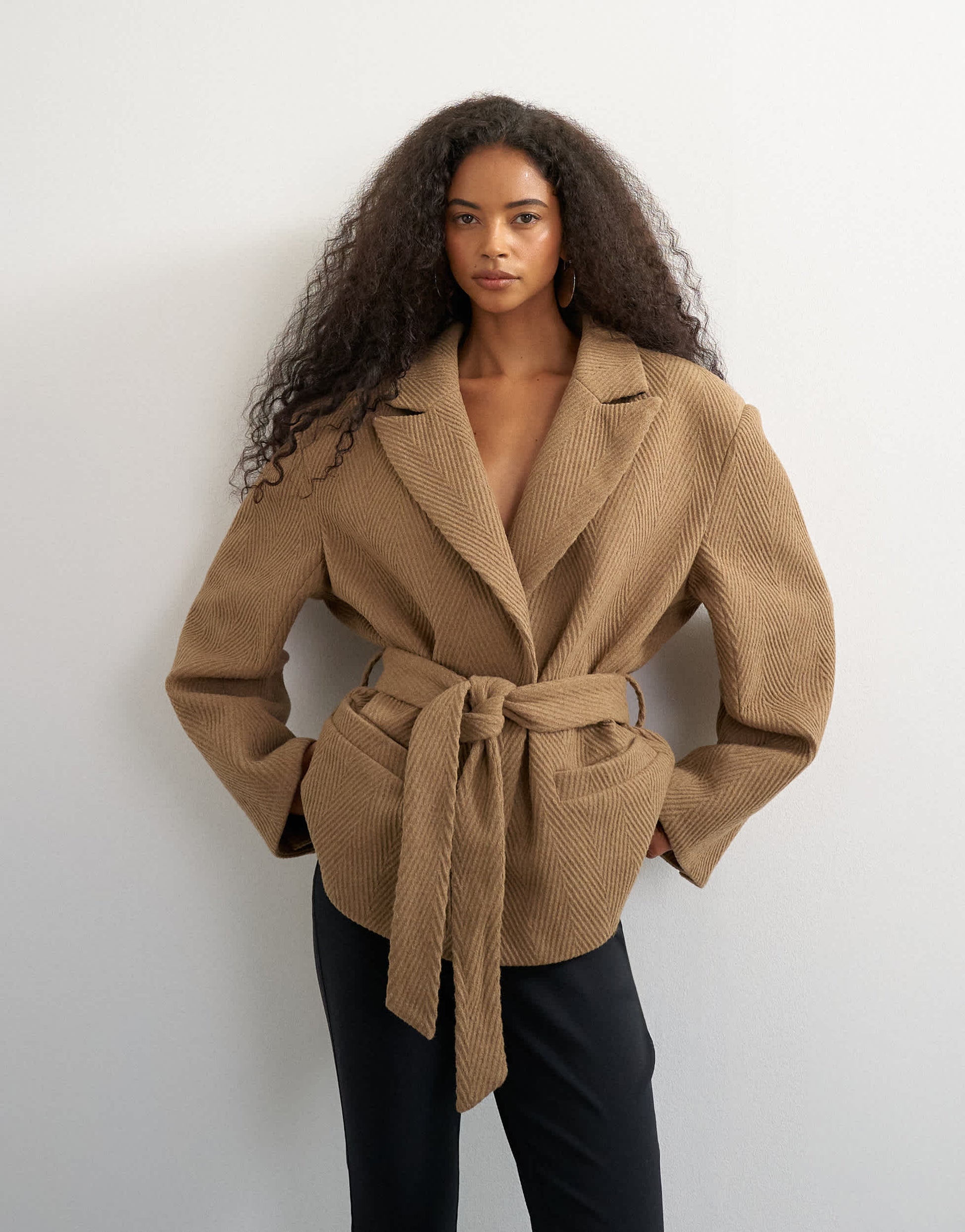 Topshop tie waist chevron blazer coat in tan