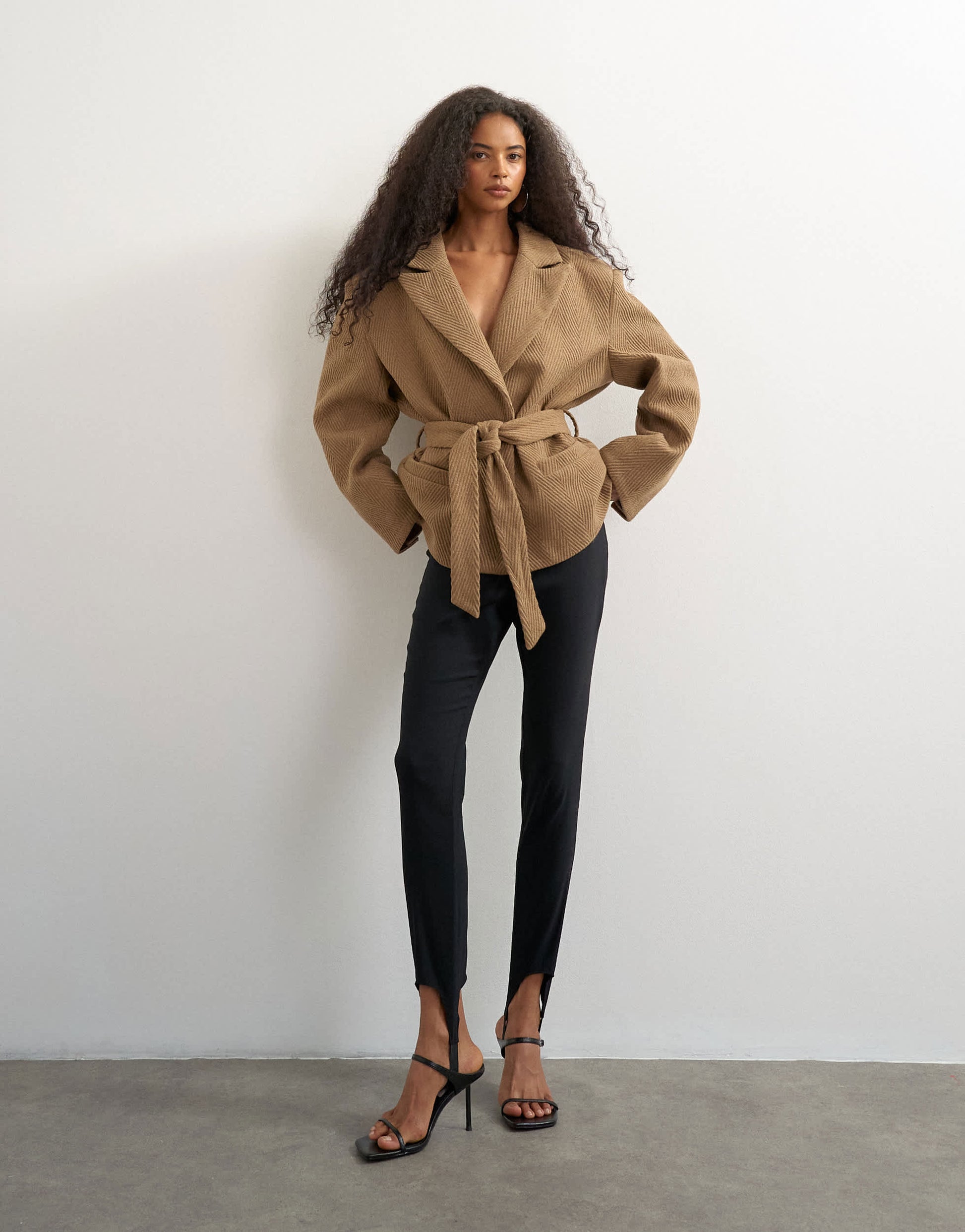 Topshop tie waist chevron blazer coat in tan