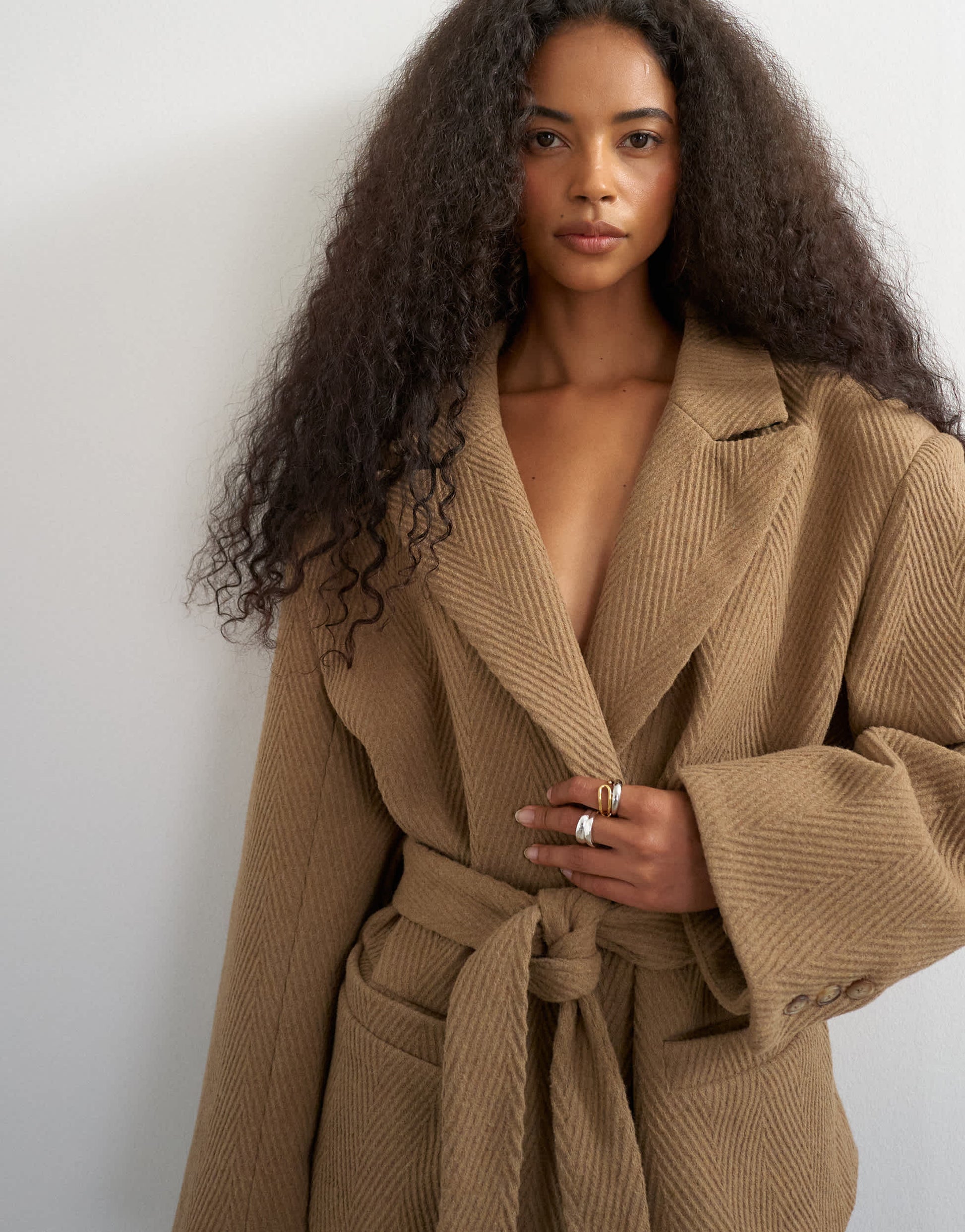 Topshop tie waist chevron blazer coat in tan