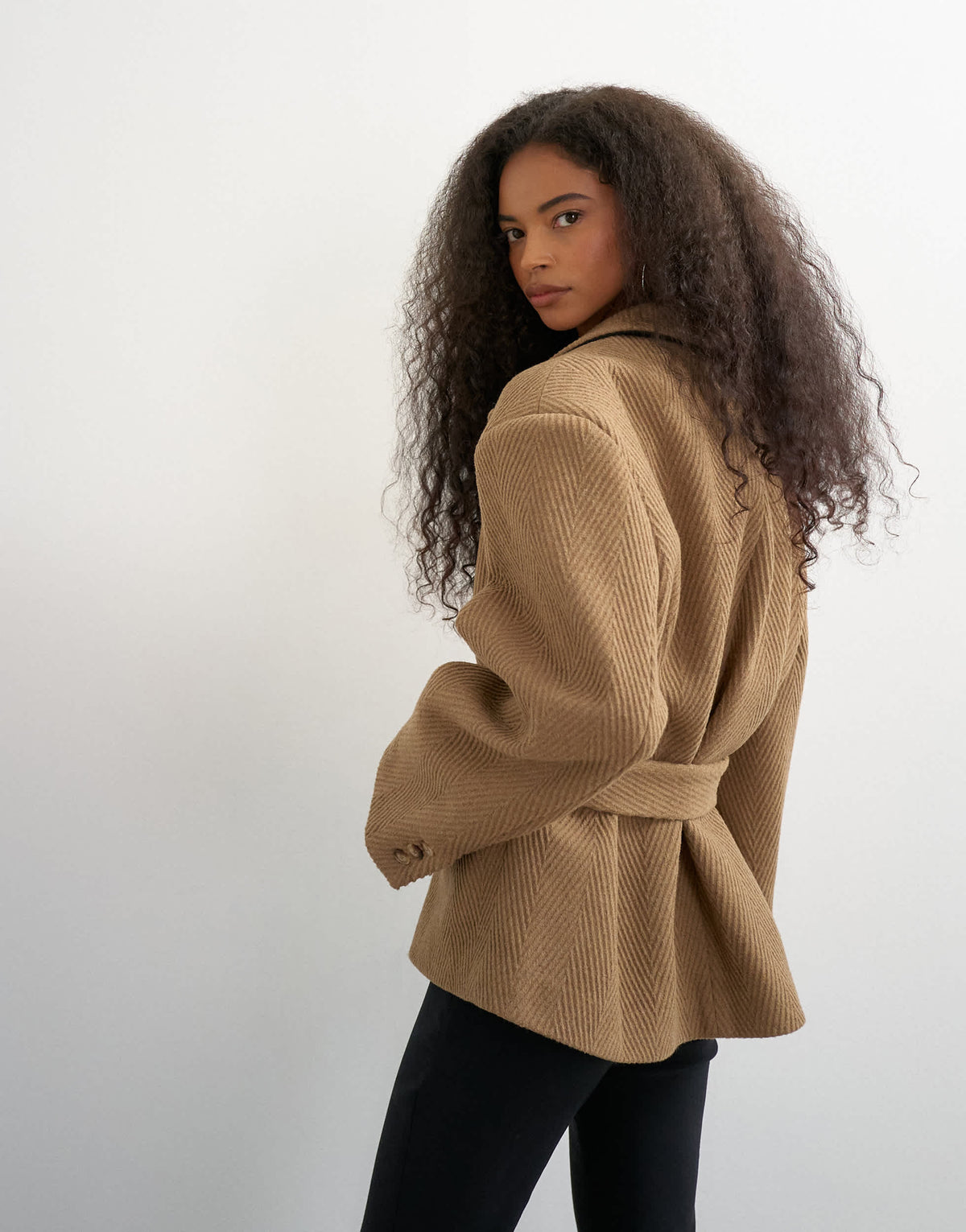 Topshop tie waist chevron blazer coat in tan