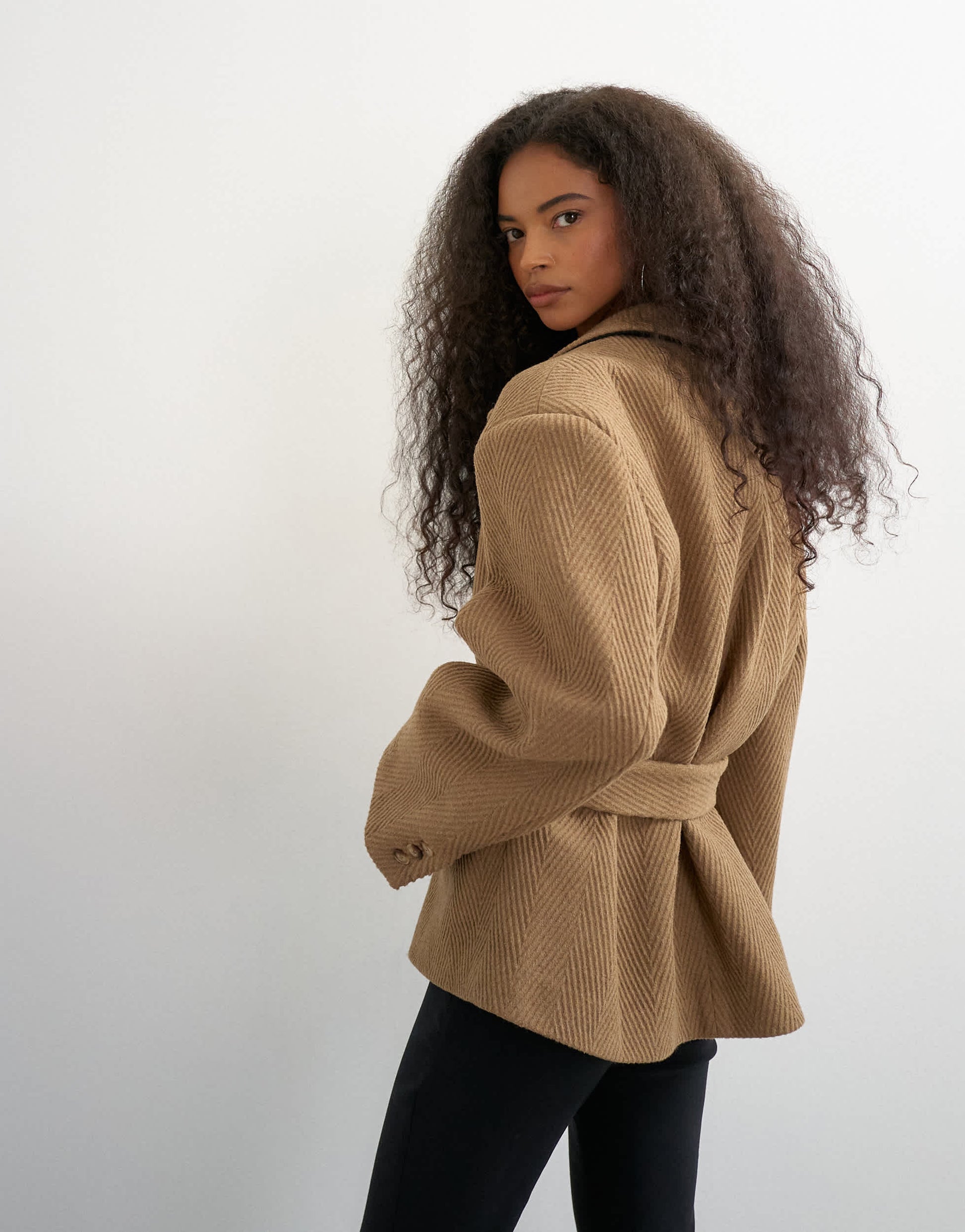 Topshop tie waist chevron blazer coat in tan