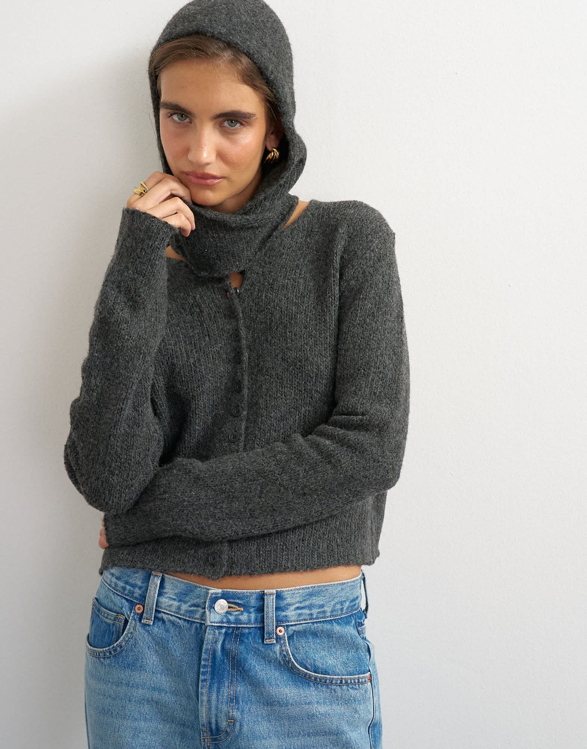 Topshop knitted scarf cardigan with wool in charcoal
