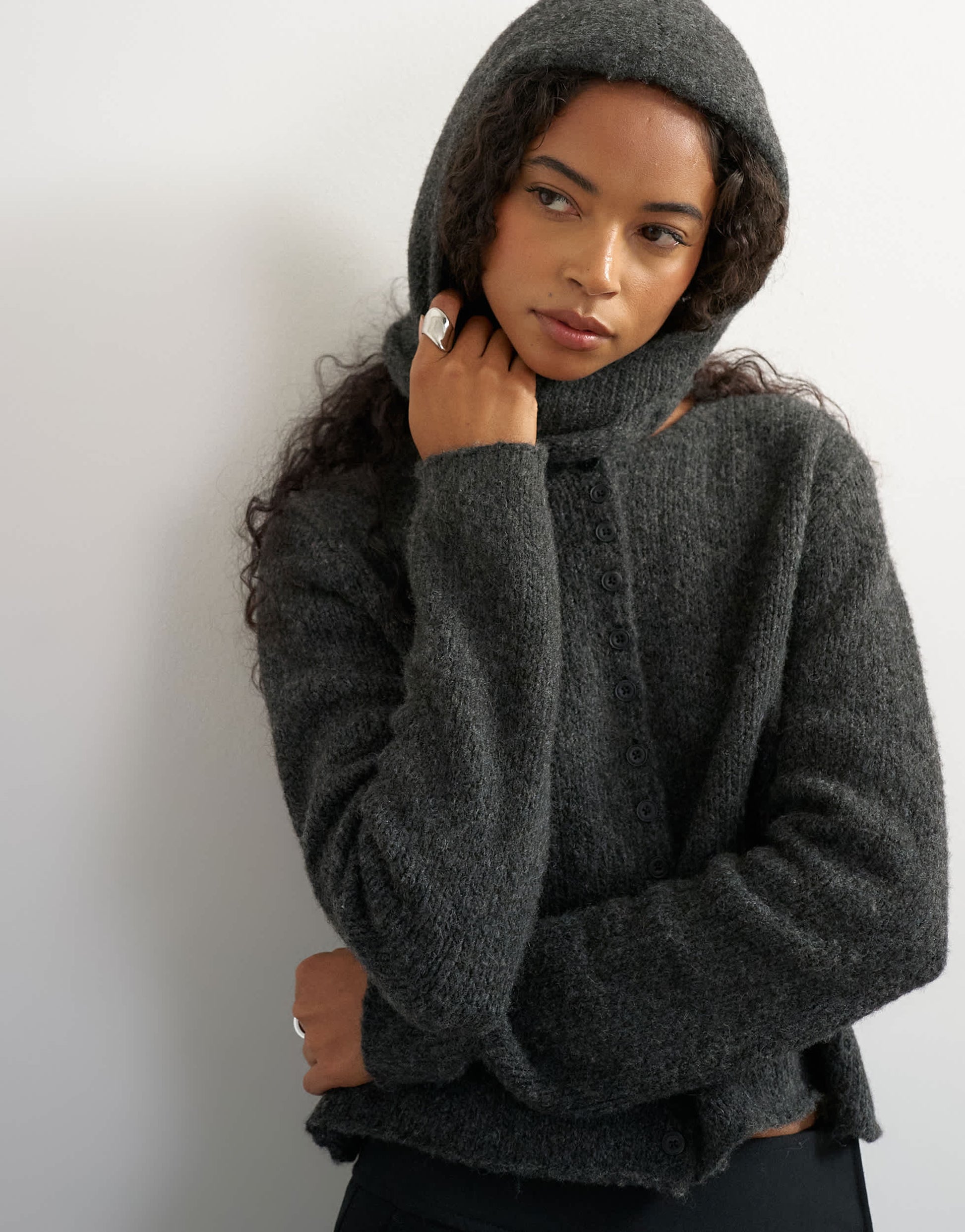 Topshop knitted scarf cardigan with wool in charcoal