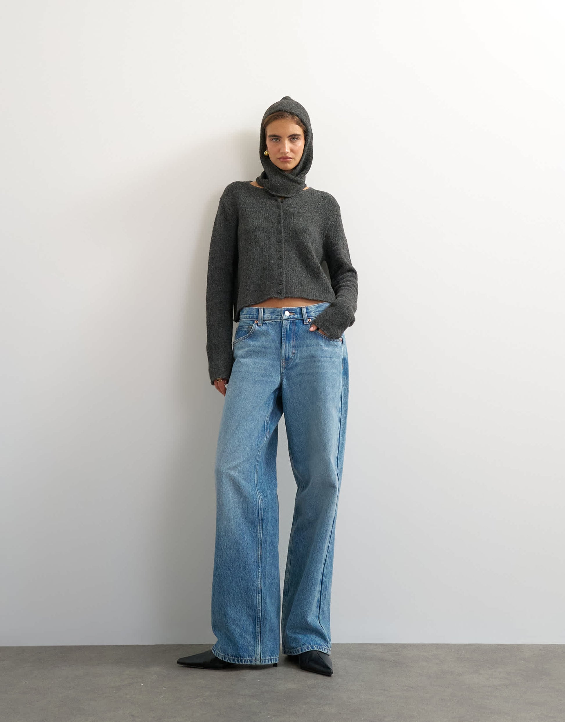 Topshop knitted scarf cardigan with wool in charcoal
