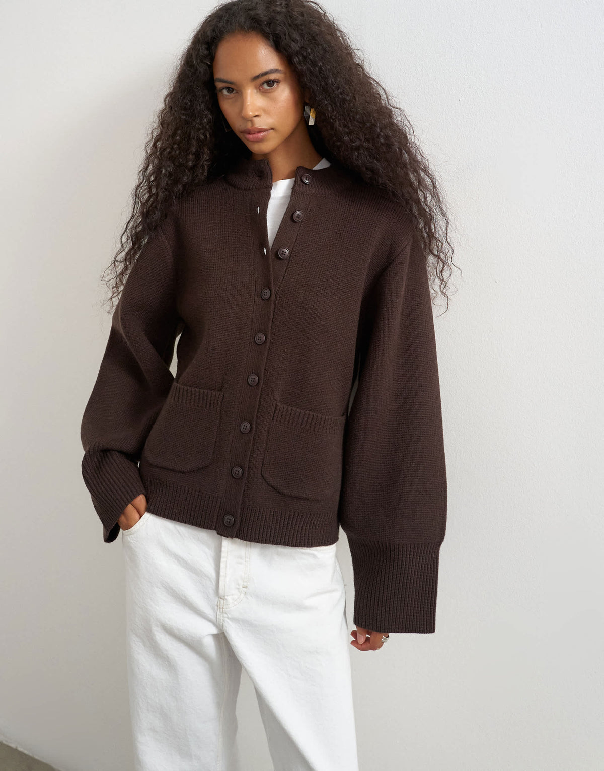 Topshop knitted pocket front cardigan in brown