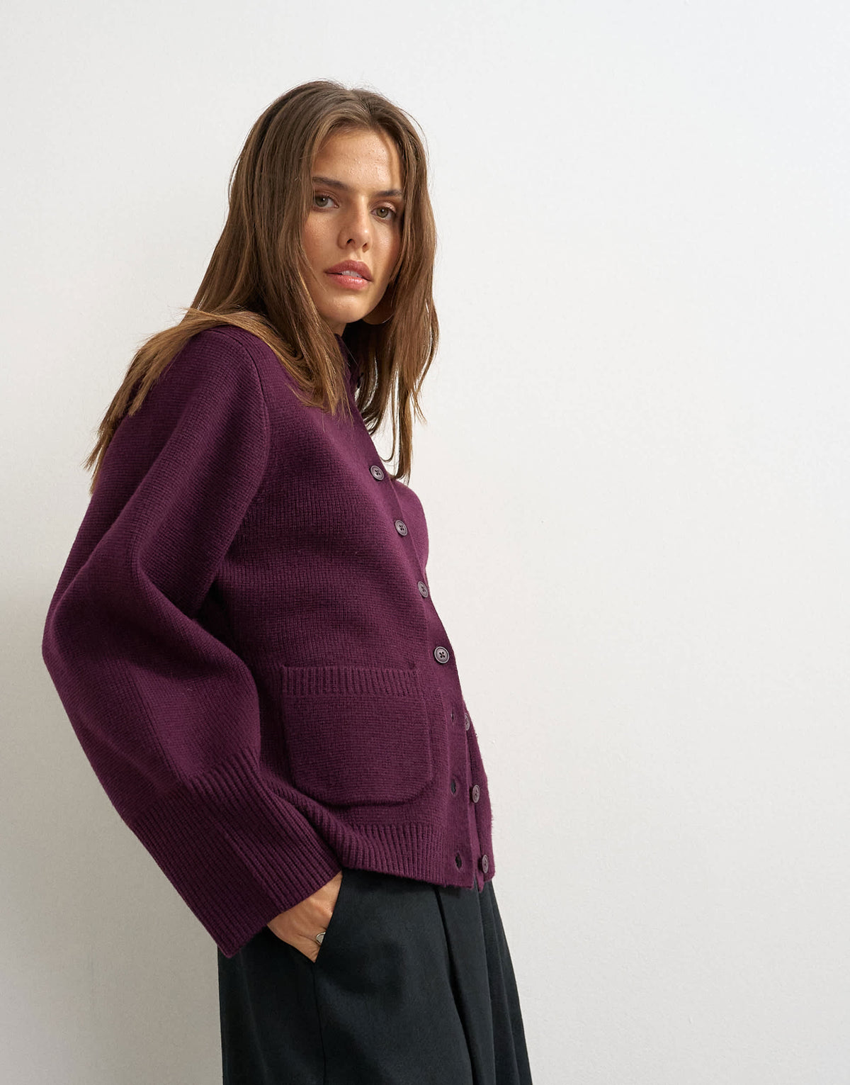 Topshop knitted pocket front cardigan in mulberry