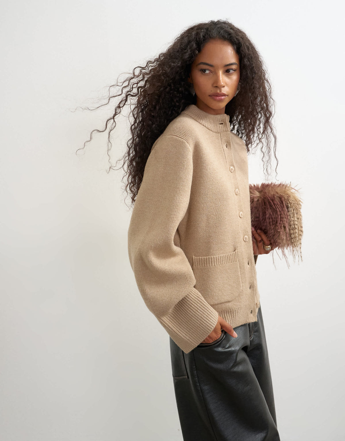 Topshop knitted pocket front cardigan in oat