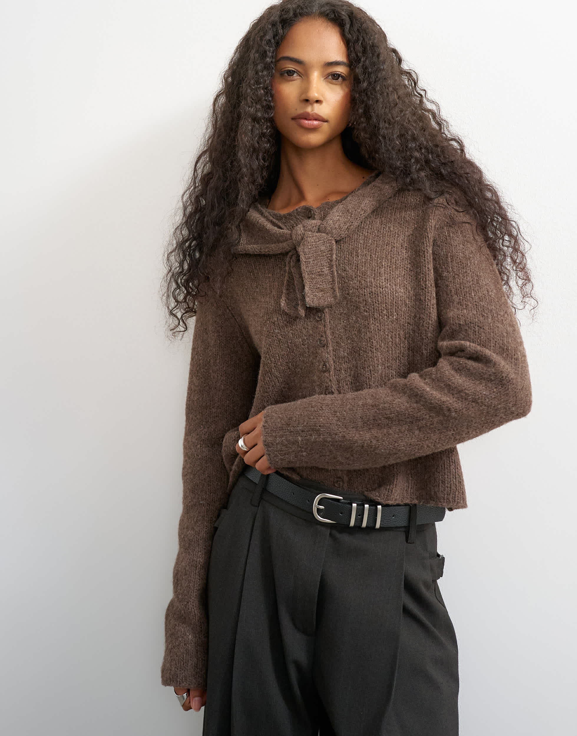 Topshop knitted scarf cardigan with wool in pecan