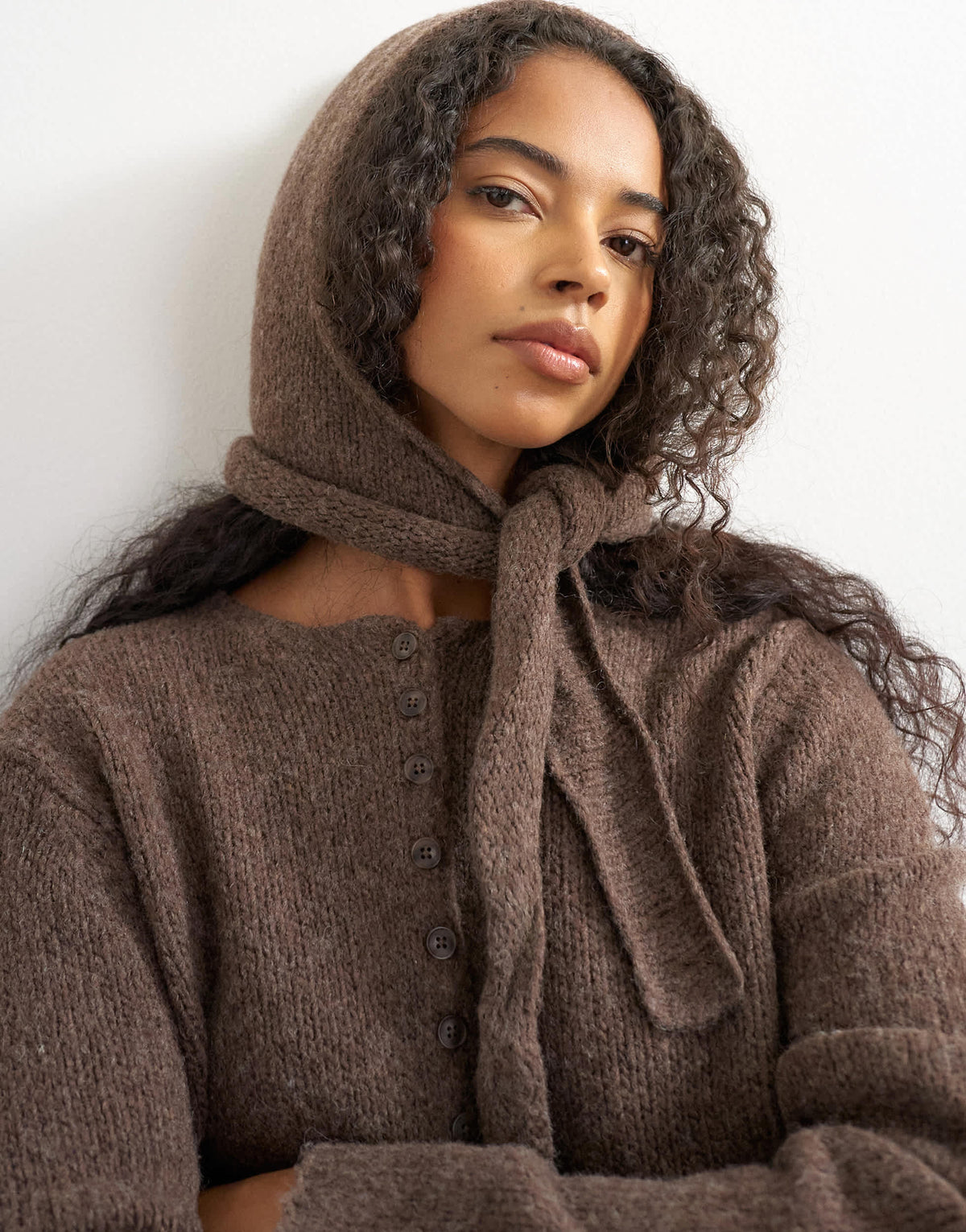 Topshop knitted scarf cardigan with wool in pecan