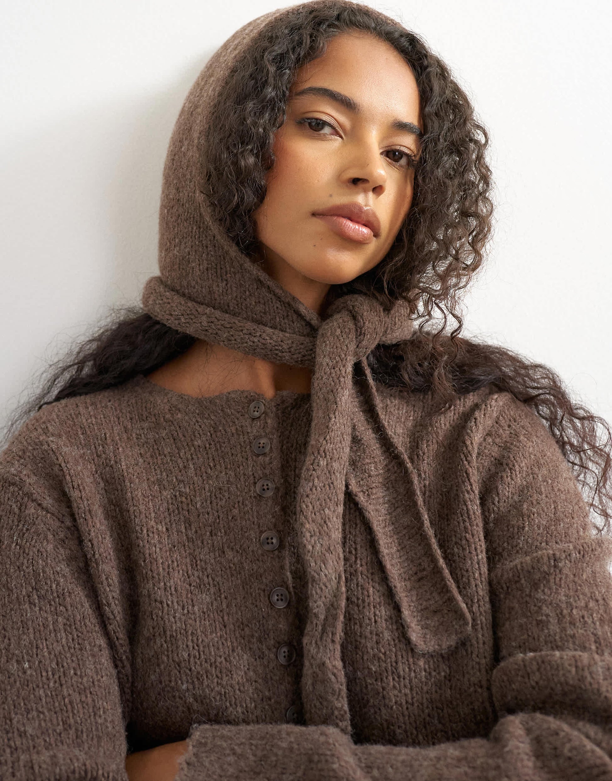Topshop knitted scarf cardigan with wool in pecan