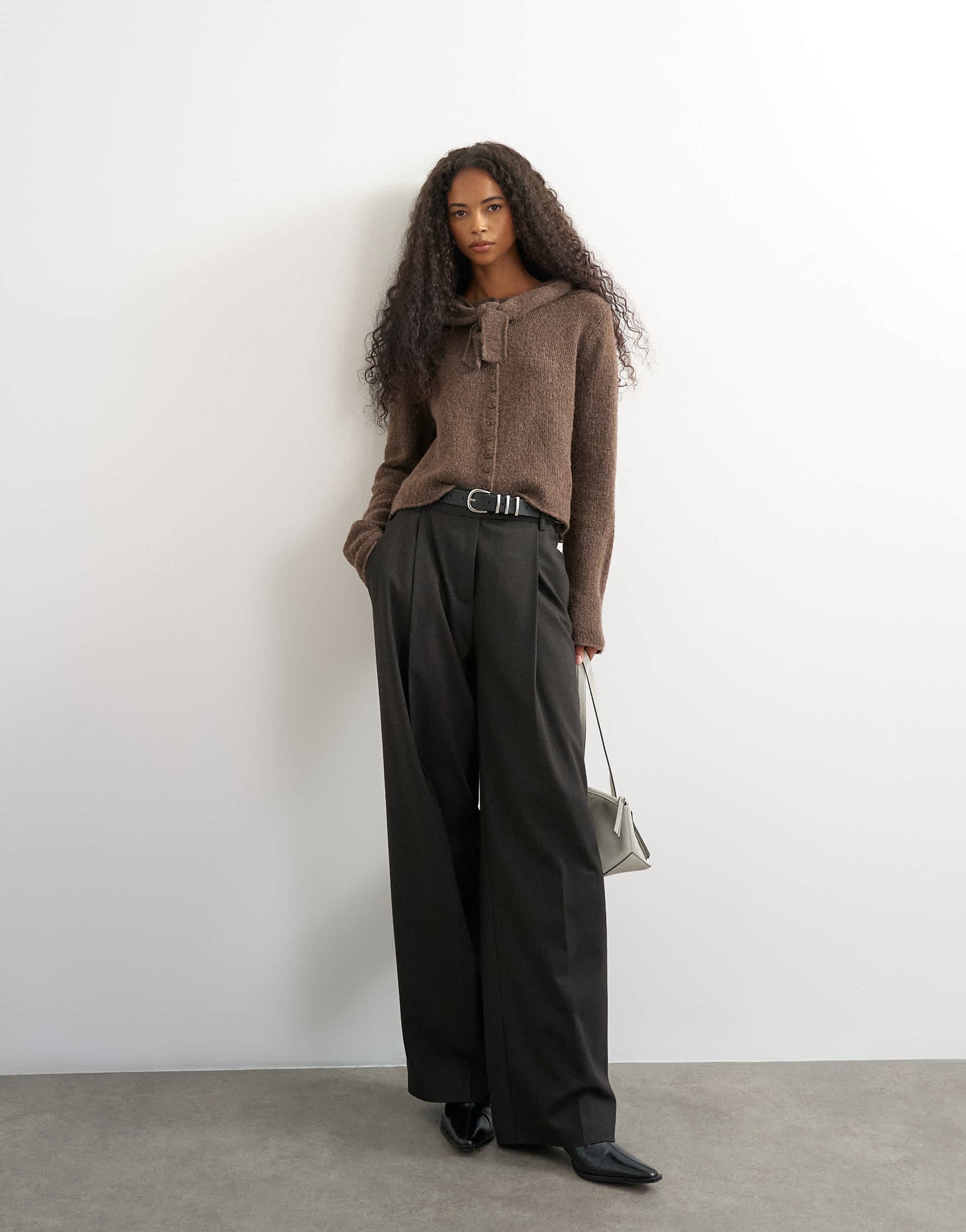 Topshop knitted scarf cardigan with wool in pecan