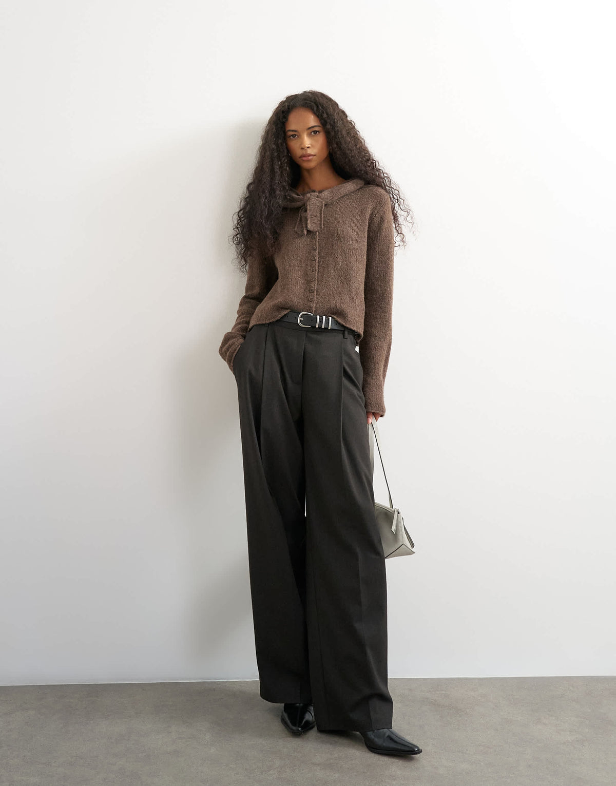Topshop knitted scarf cardigan with wool in pecan
