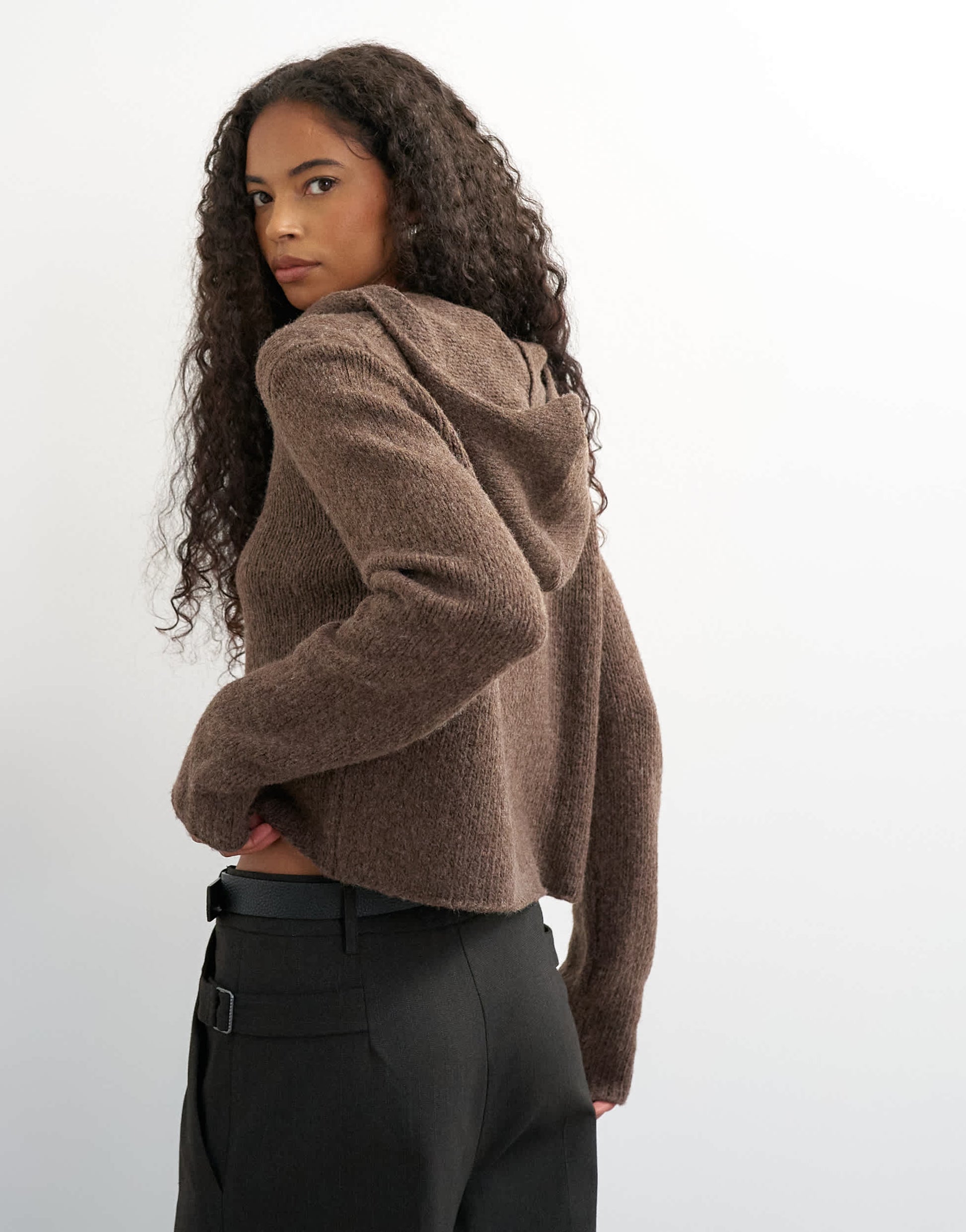 Topshop knitted scarf cardigan with wool in pecan