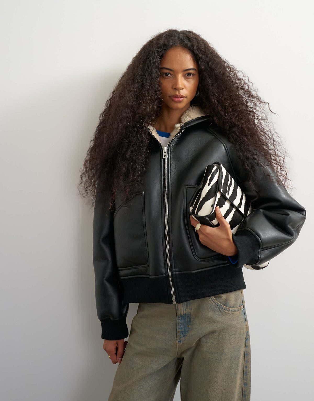 Topshop faux leather hooded shearling bomber jacket in black