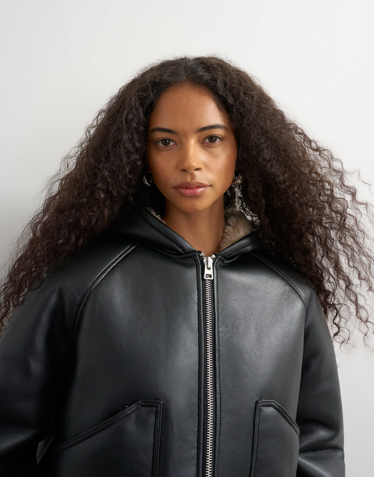 Topshop faux leather hooded shearling bomber jacket in black