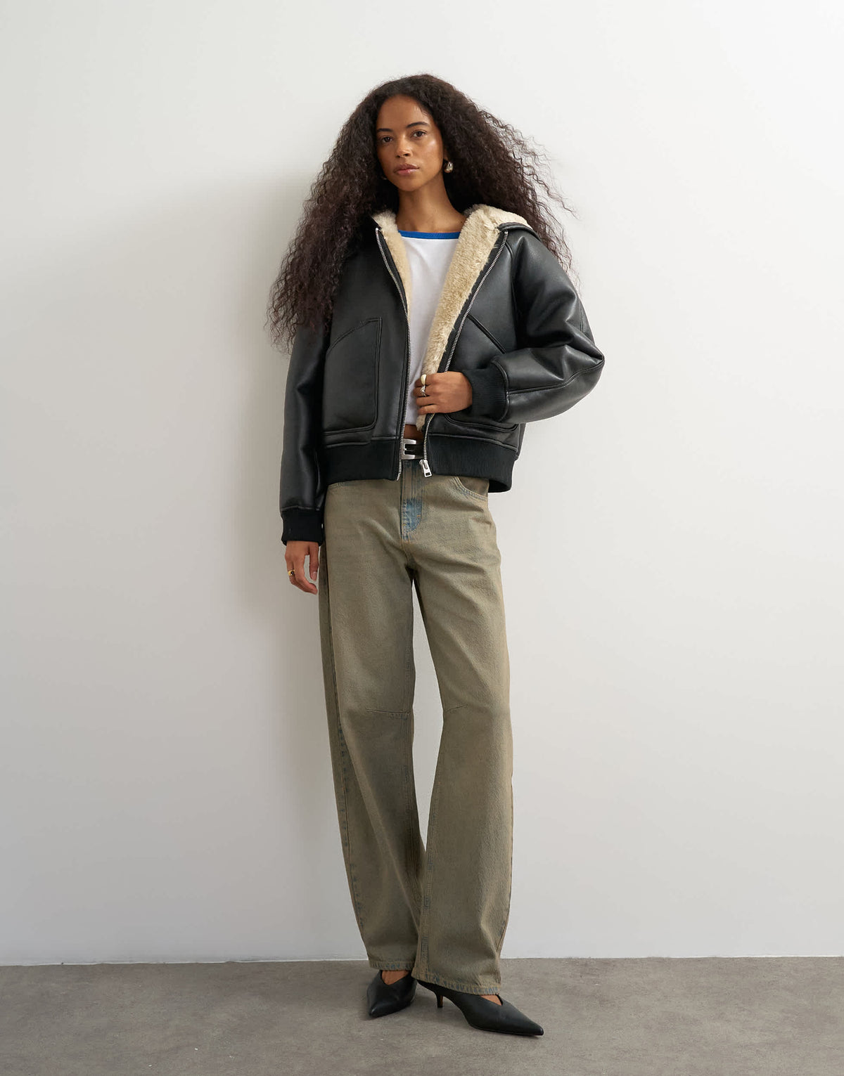 Topshop faux leather hooded shearling bomber jacket in black