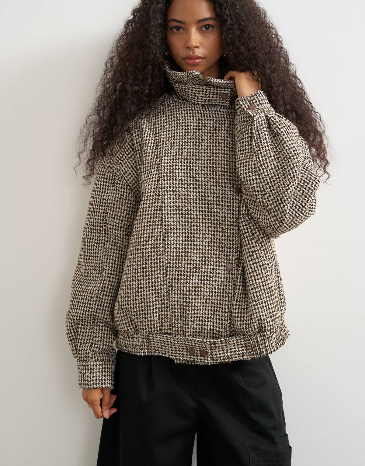 Topshop heritage check bomber jacket in taupe
