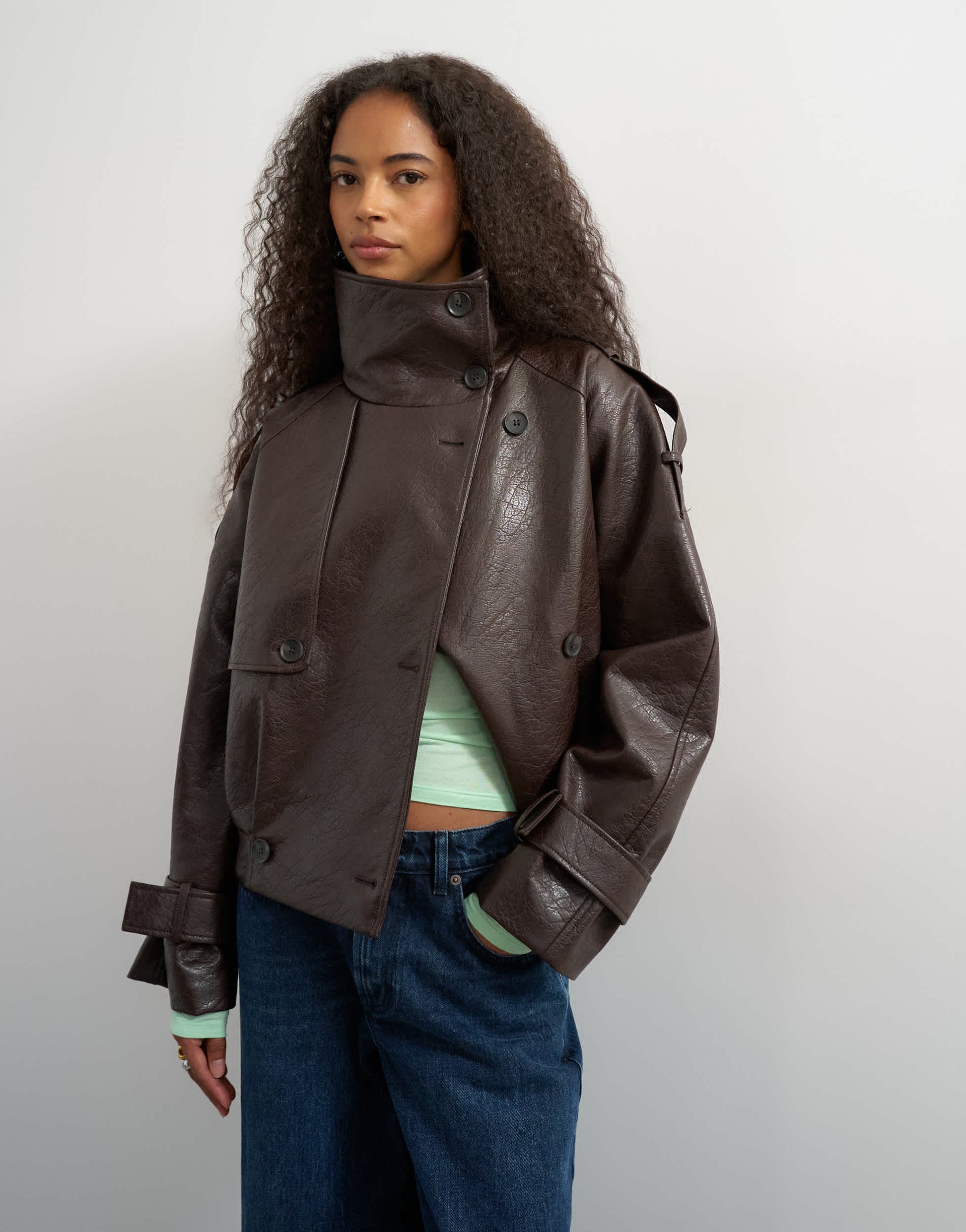 Topshop faux leather short mac in brown