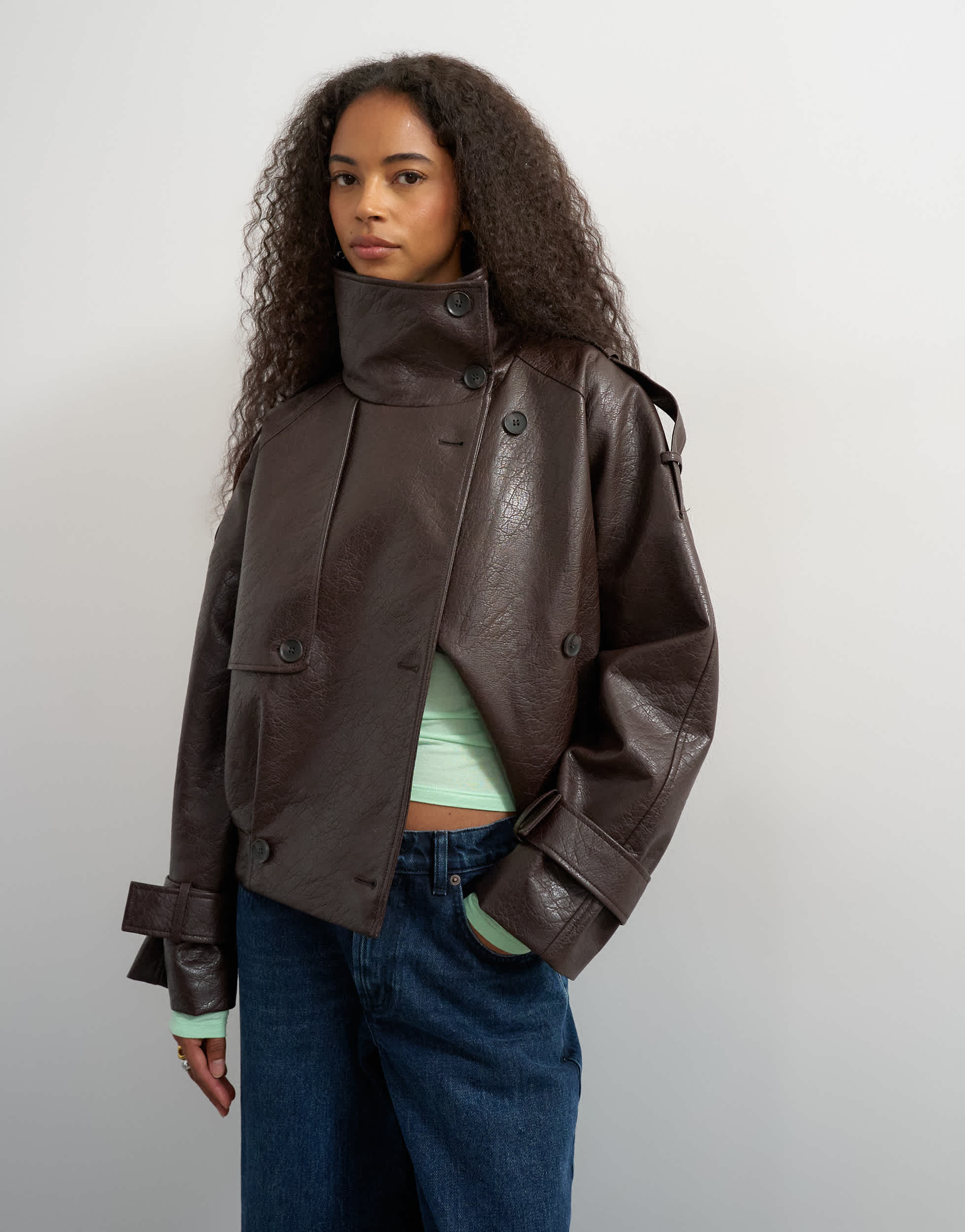 Topshop faux leather short mac in brown