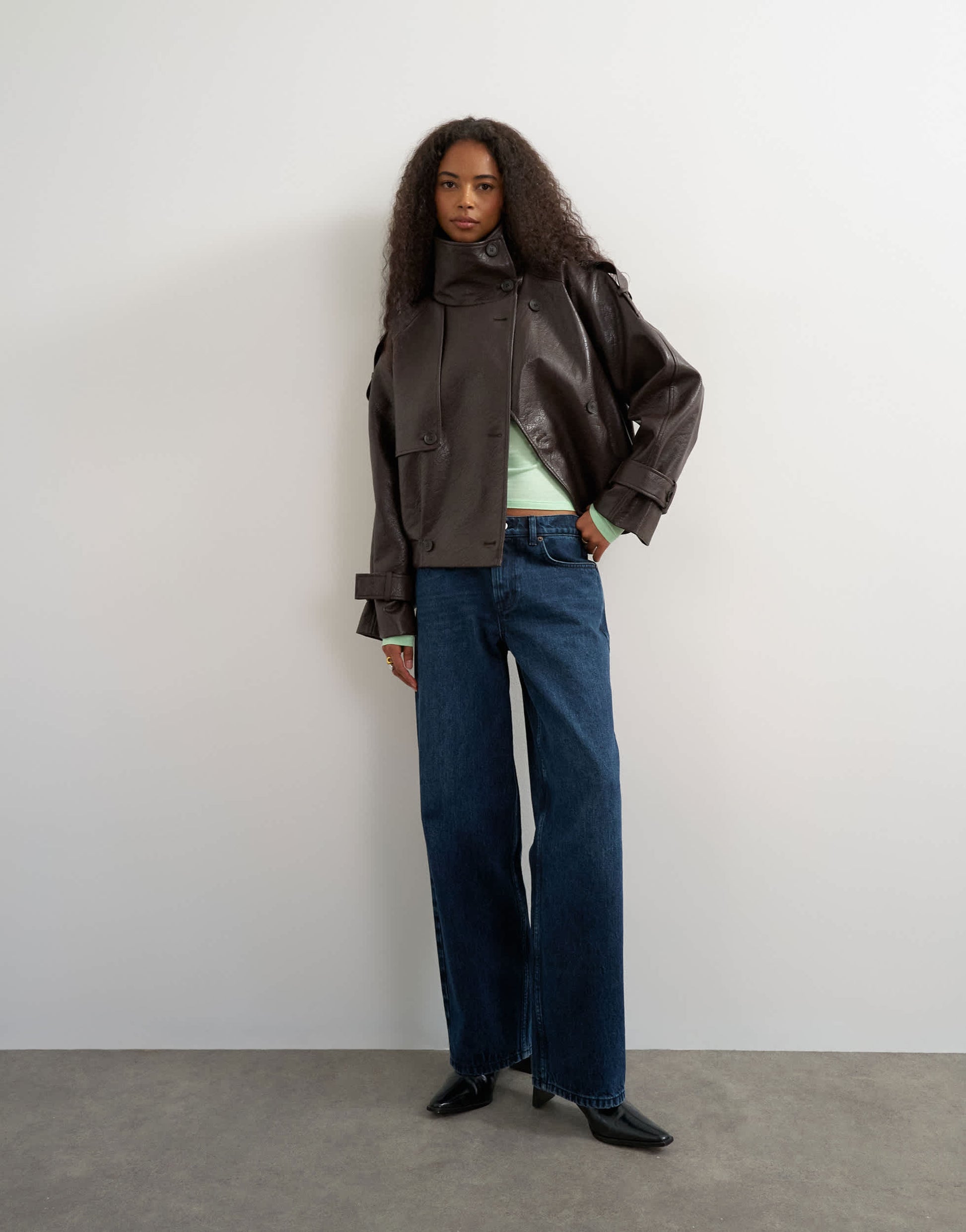 Topshop faux leather short mac in brown