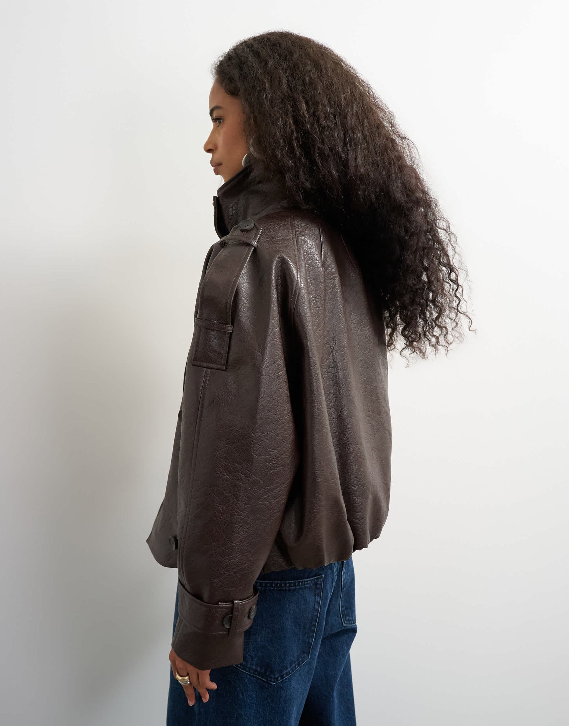 Topshop faux leather short mac in brown
