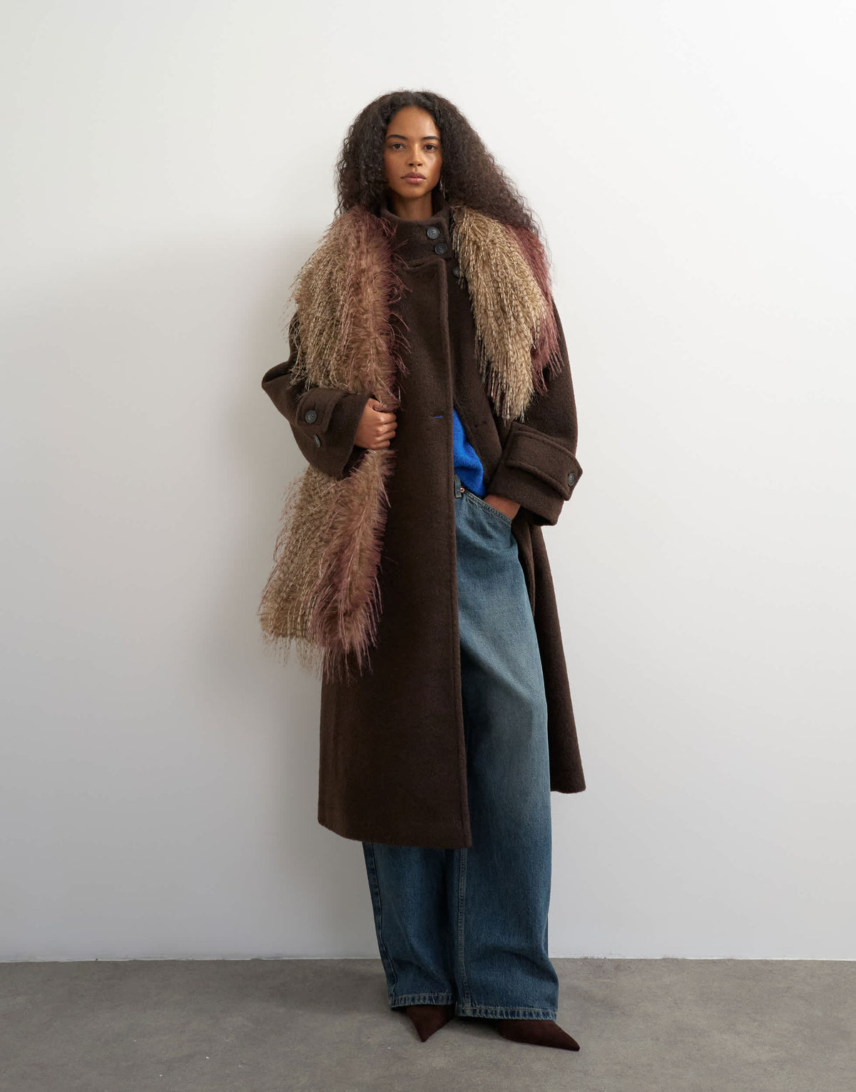 Topshop formal funnel neck longline coat in chocolate