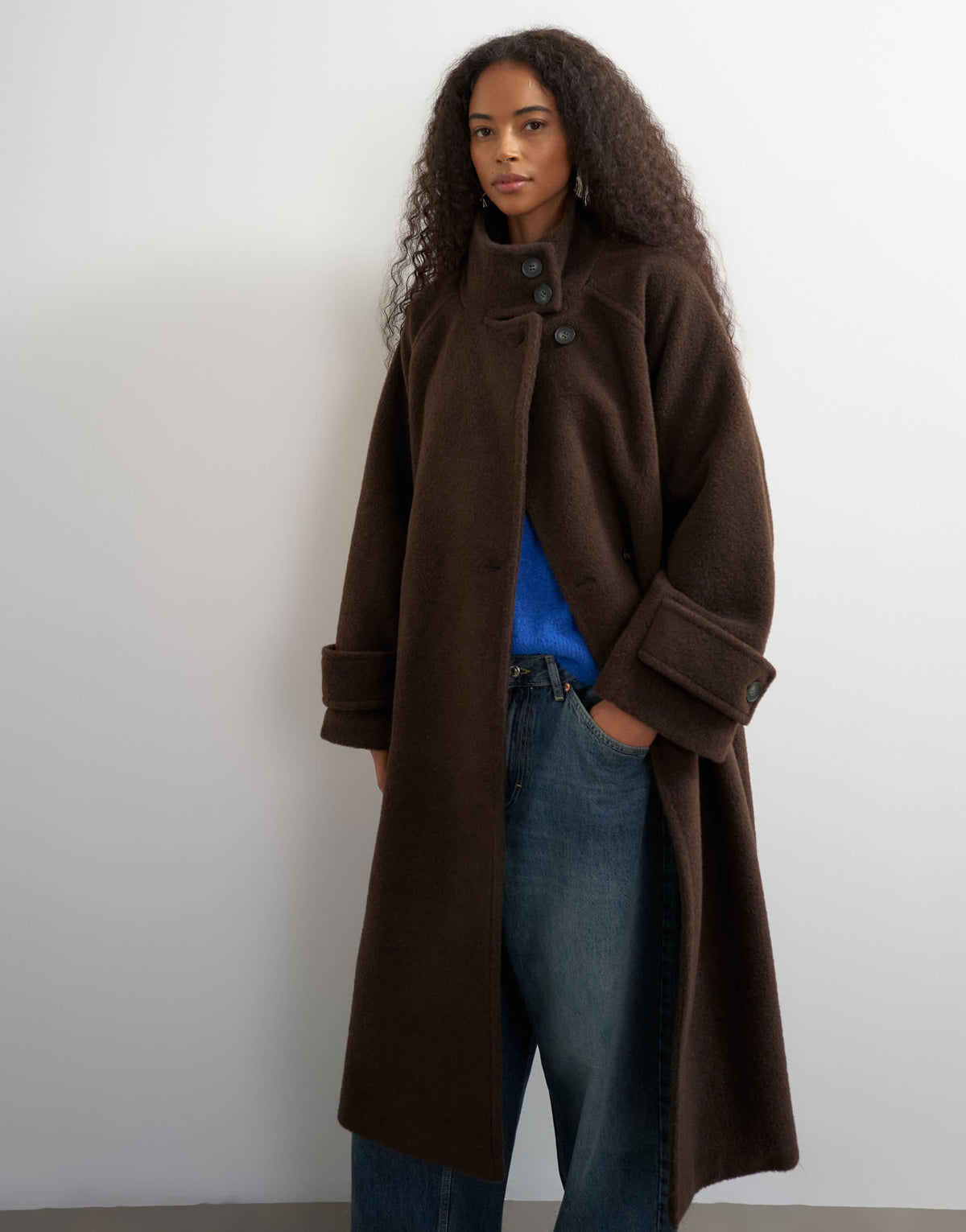 Topshop formal funnel neck longline coat in chocolate