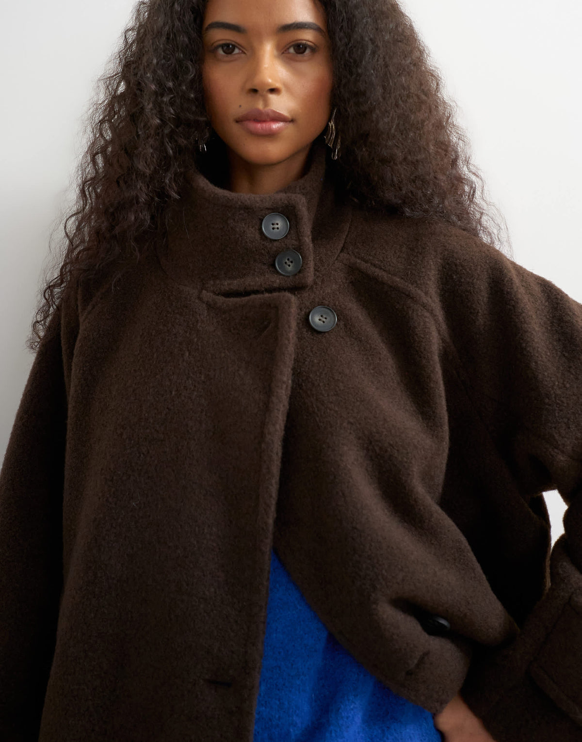Topshop formal funnel neck longline coat in chocolate