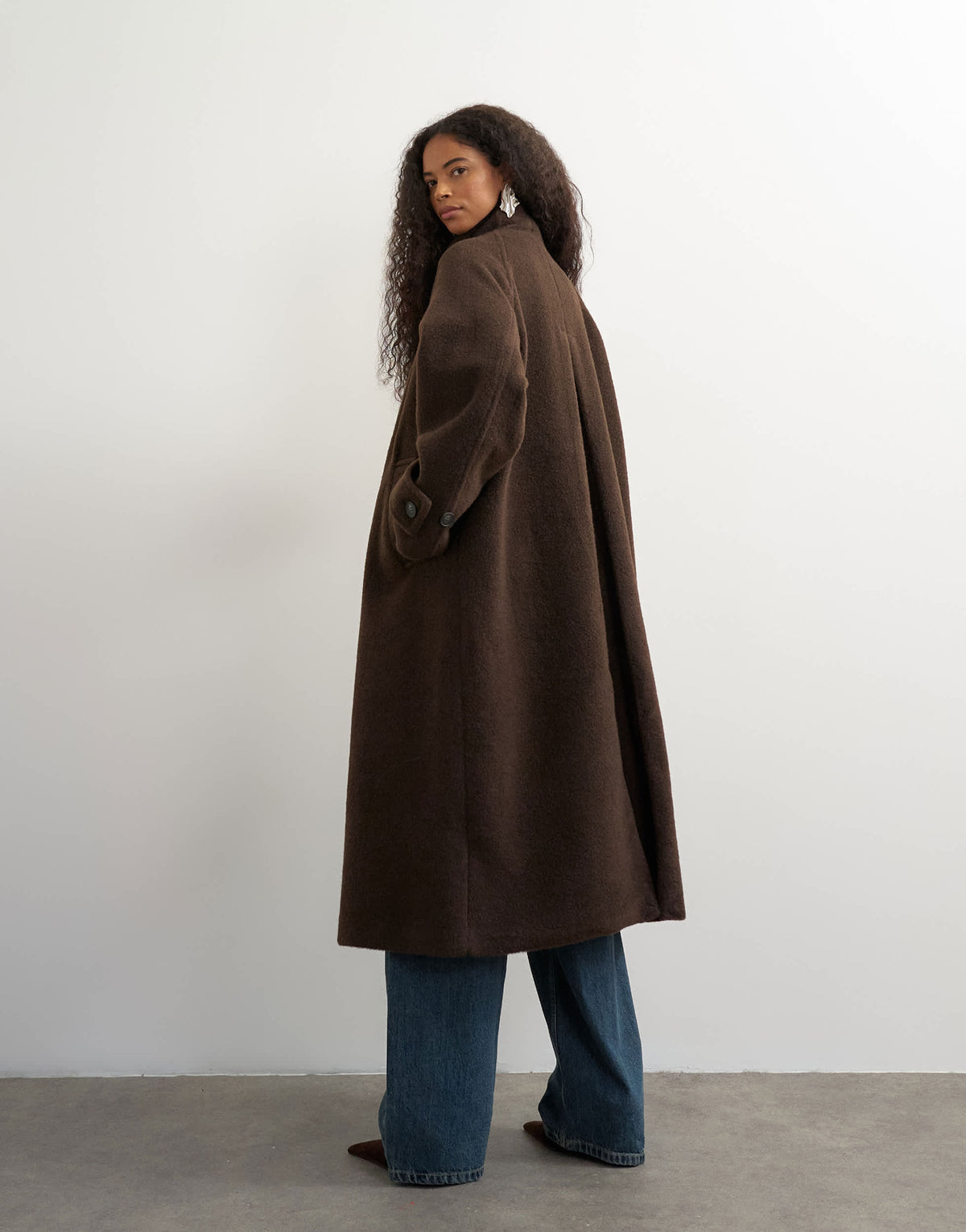 Topshop formal funnel neck longline coat in chocolate