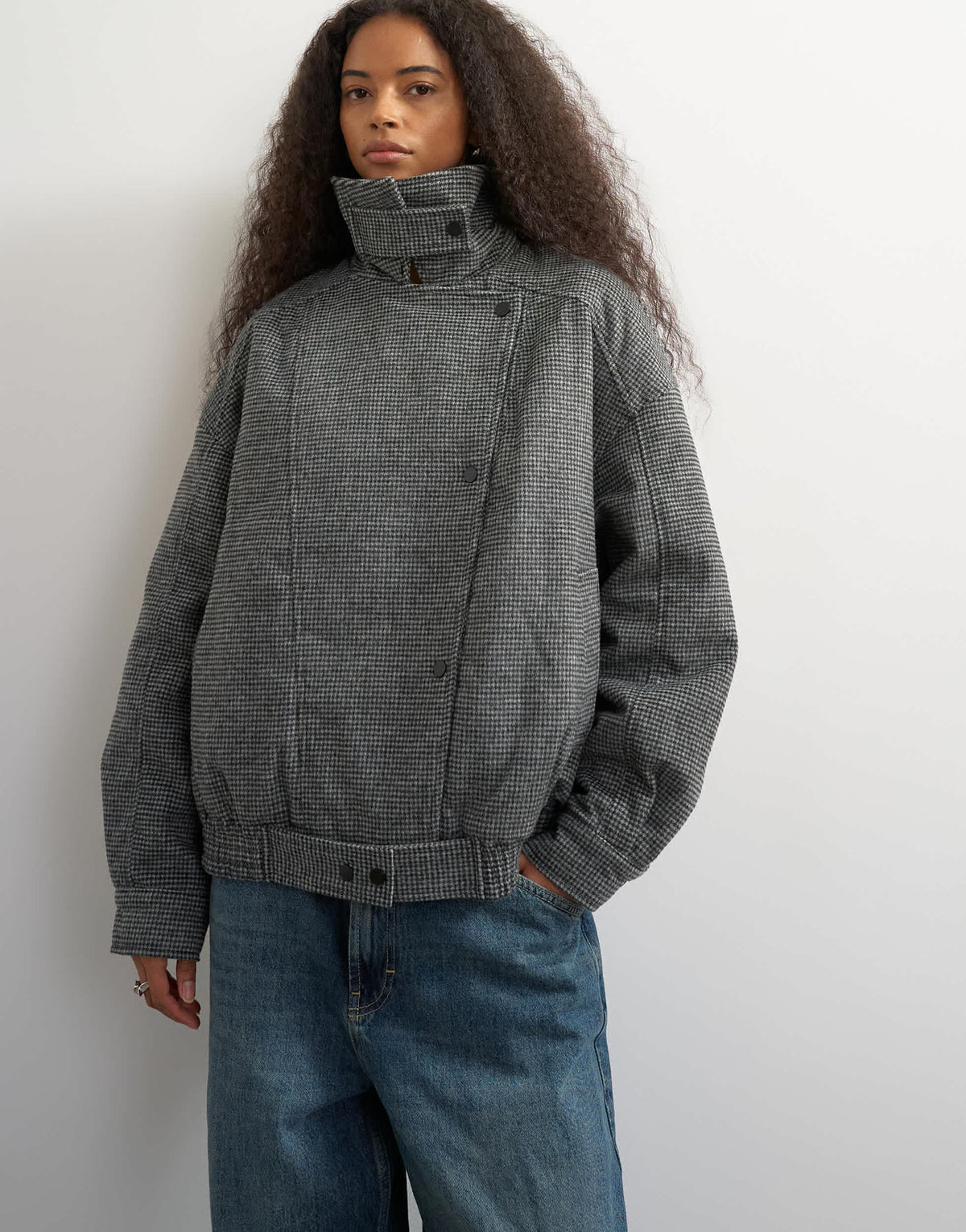 Topshop funnel neck wool belted bomber jacket in check