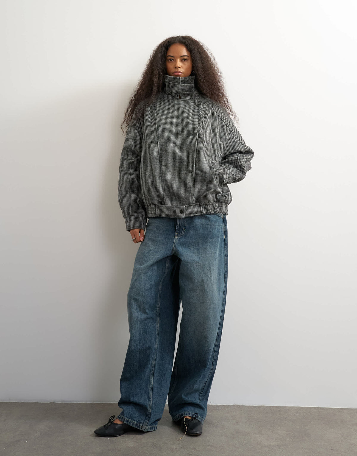Topshop funnel neck wool belted bomber jacket in check