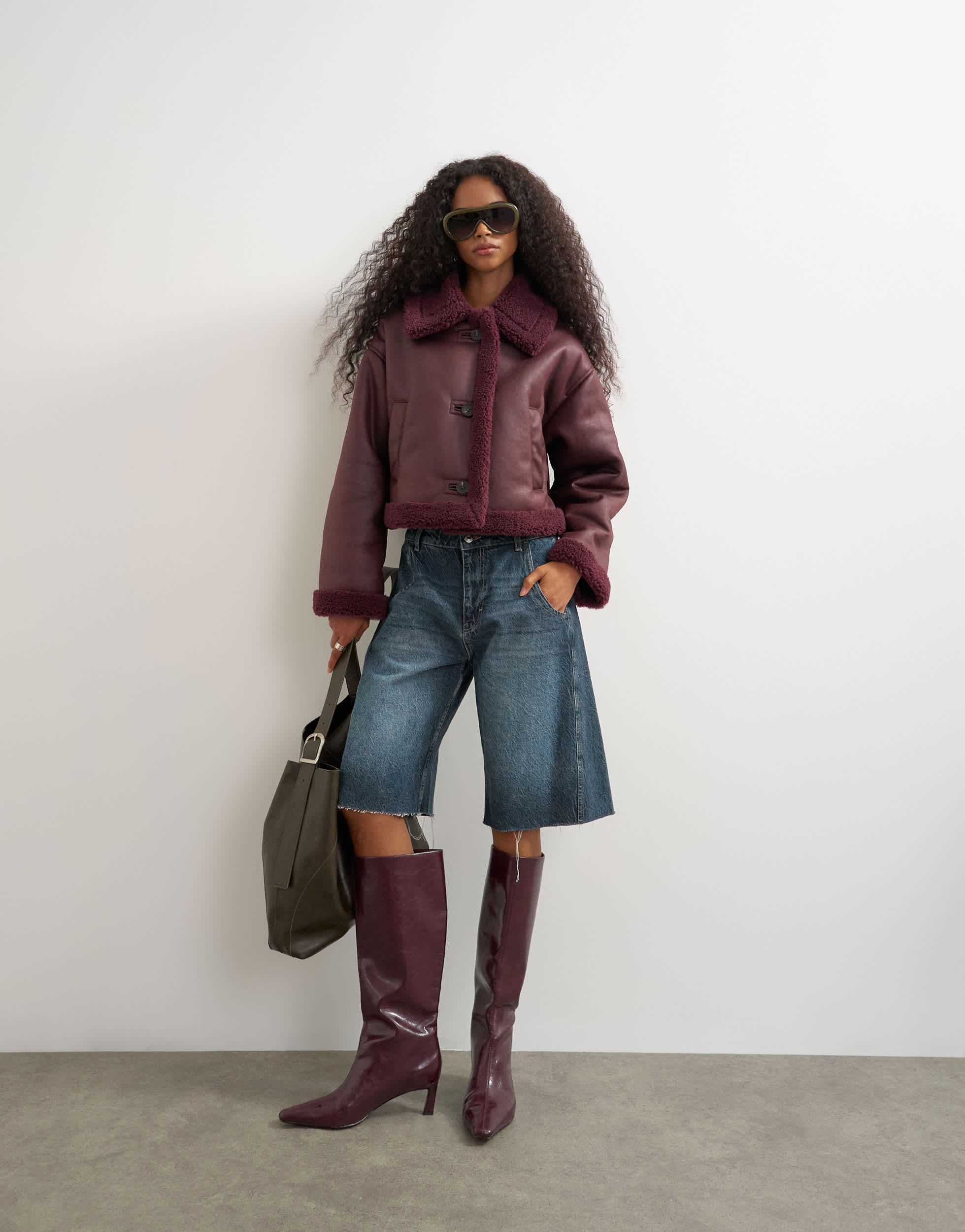 Topshop cropped shearling jacket in burgundy