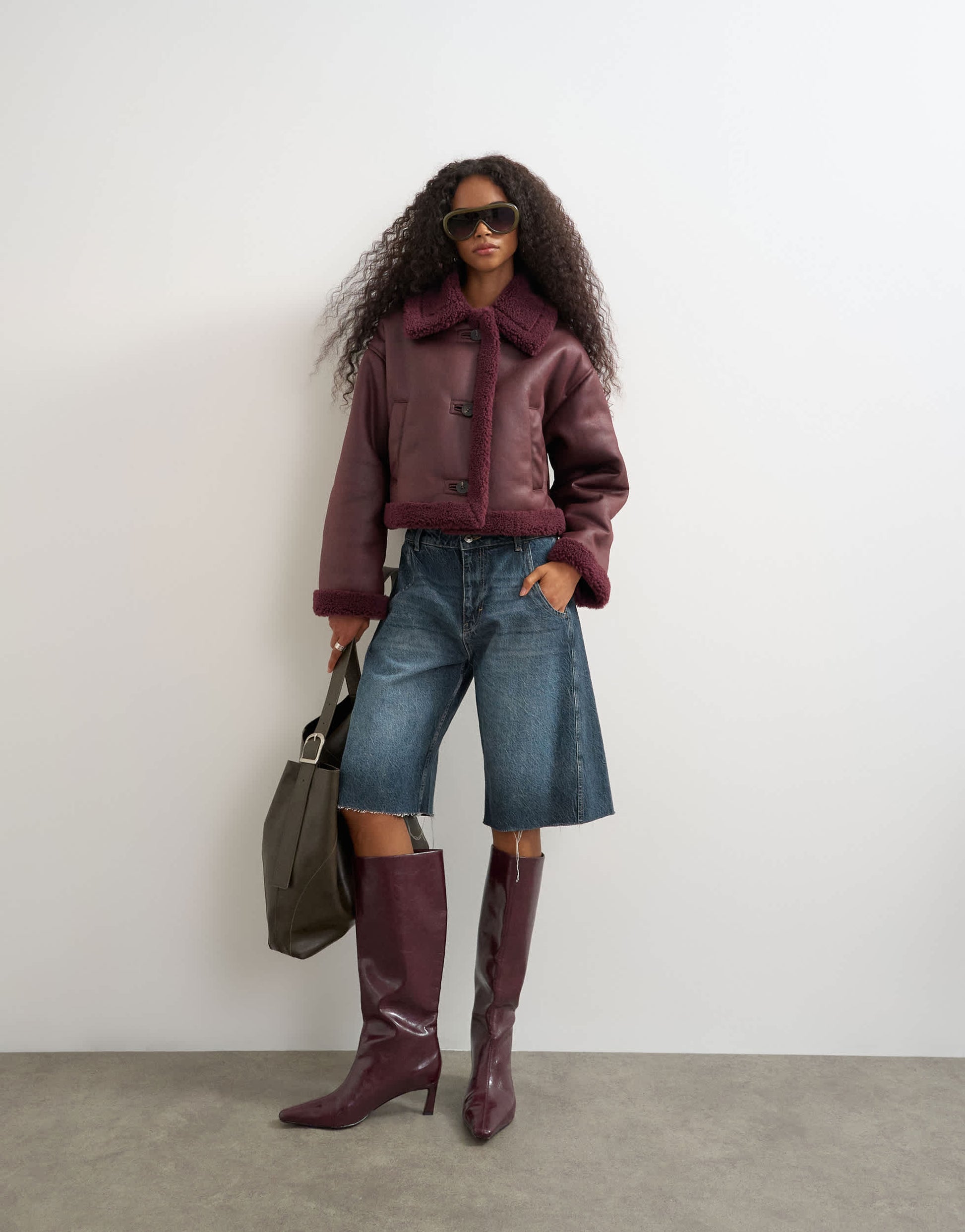 Topshop cropped shearling jacket in burgundy
