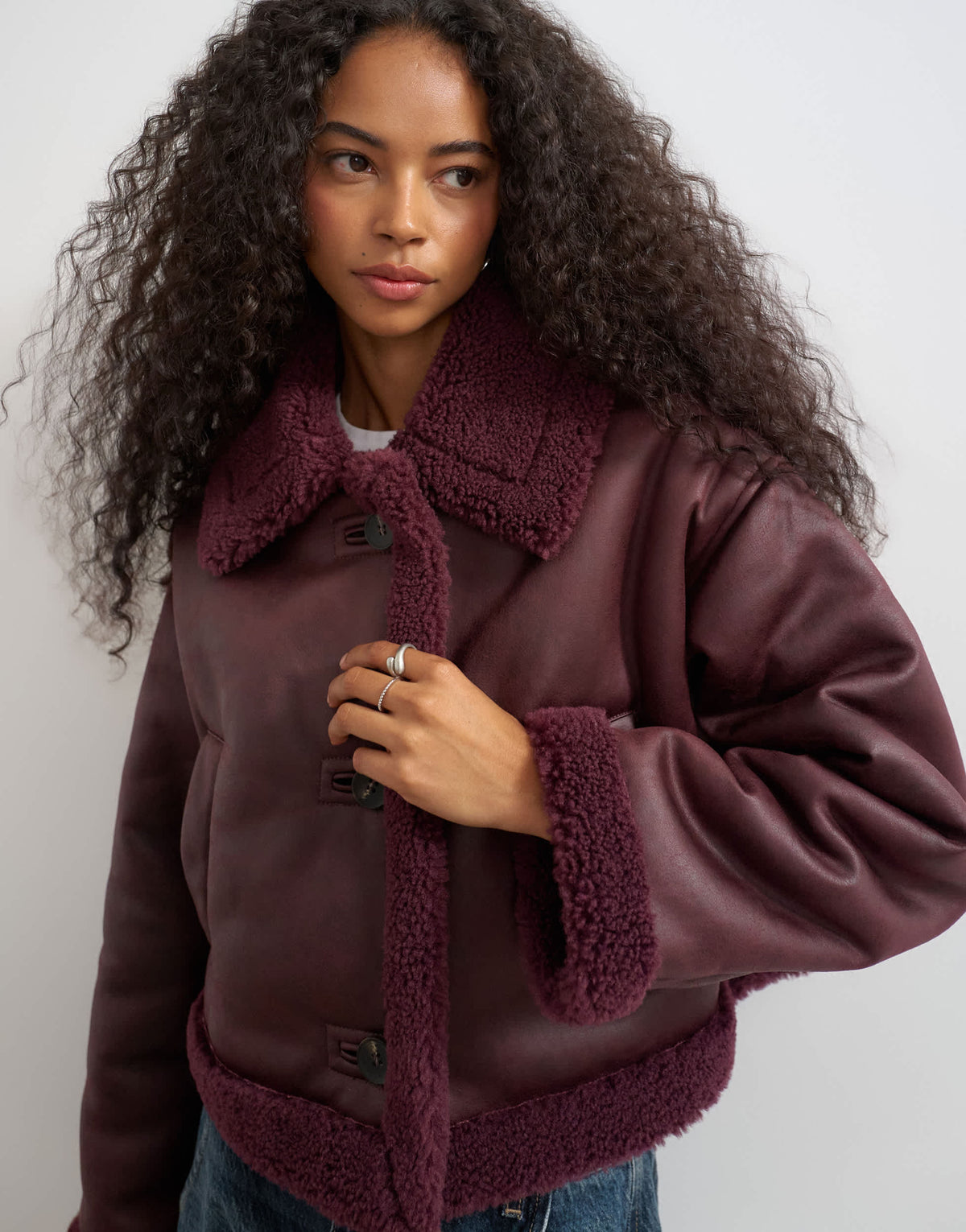 Topshop cropped shearling jacket in burgundy
